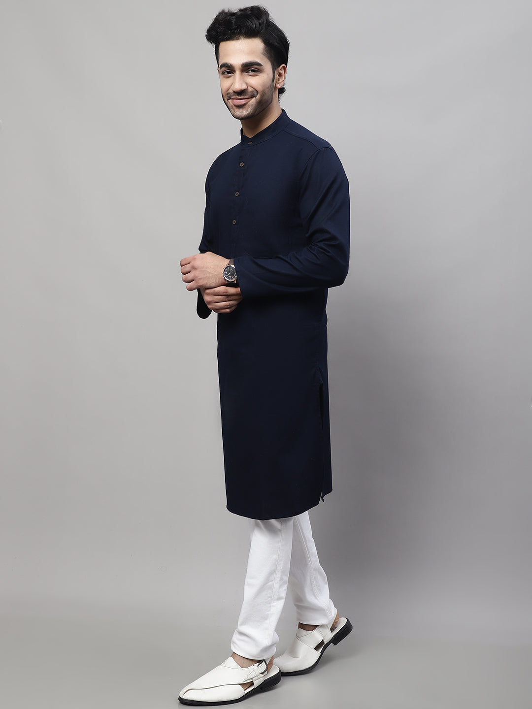Even Apparels Blue Pure Cotton Kurta With Band Collar 