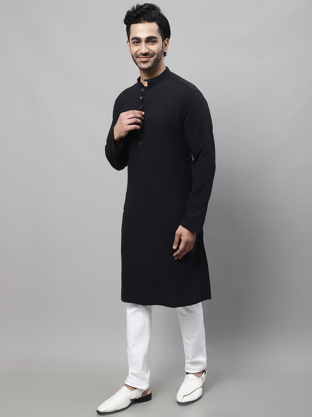 Even Apparels Black Pure Cotton Kurta With Band Collar 