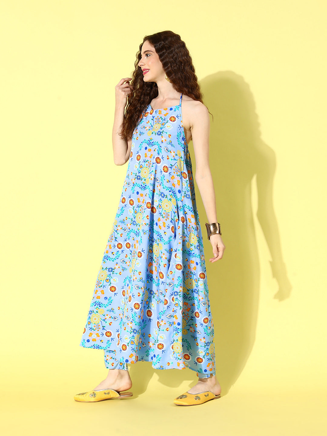 InWeave Women's Sky Blue Print Backless Long Kurta Pant Set 