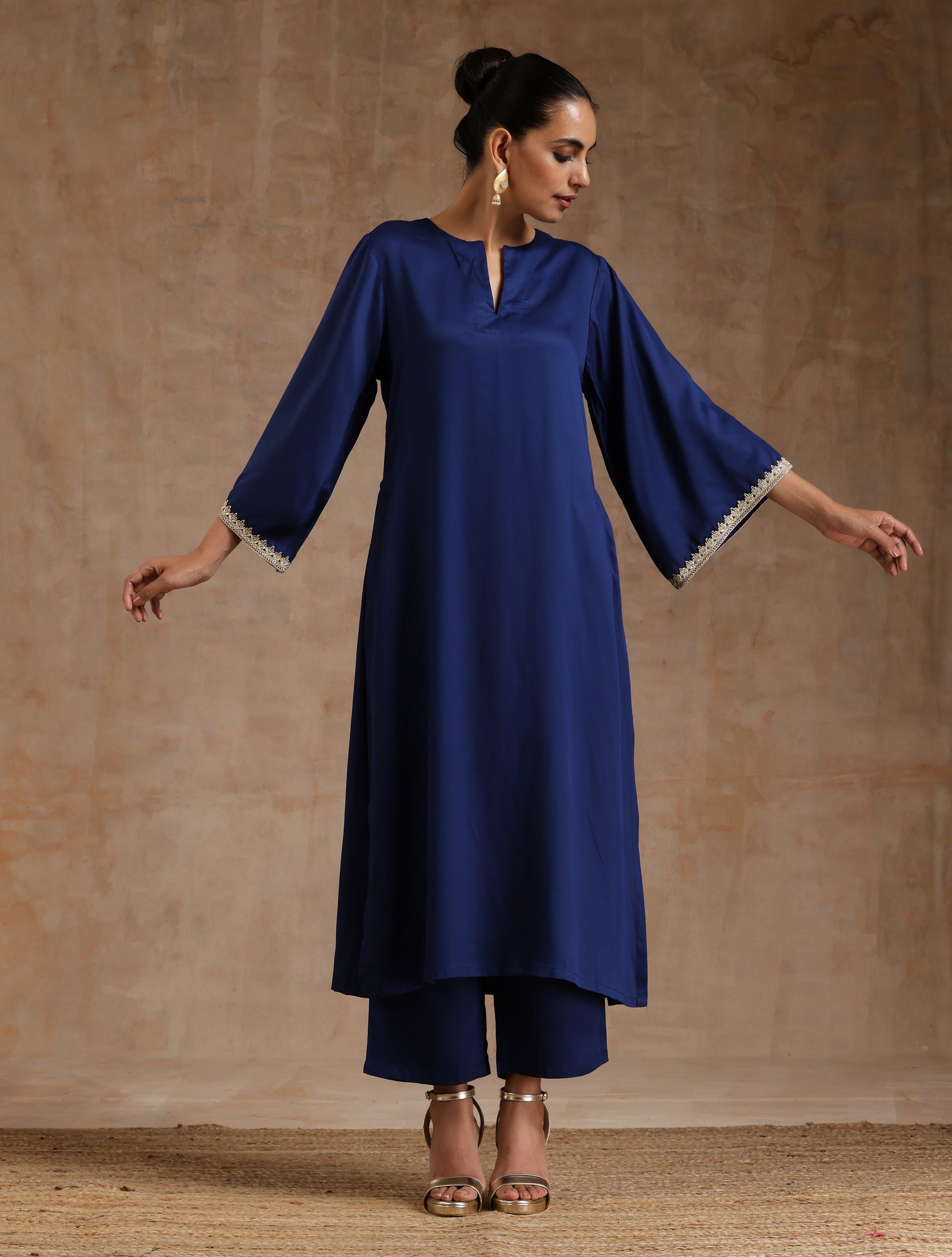 trueBrowns Midnight Blue Modal Satin Relax Kurta Set 