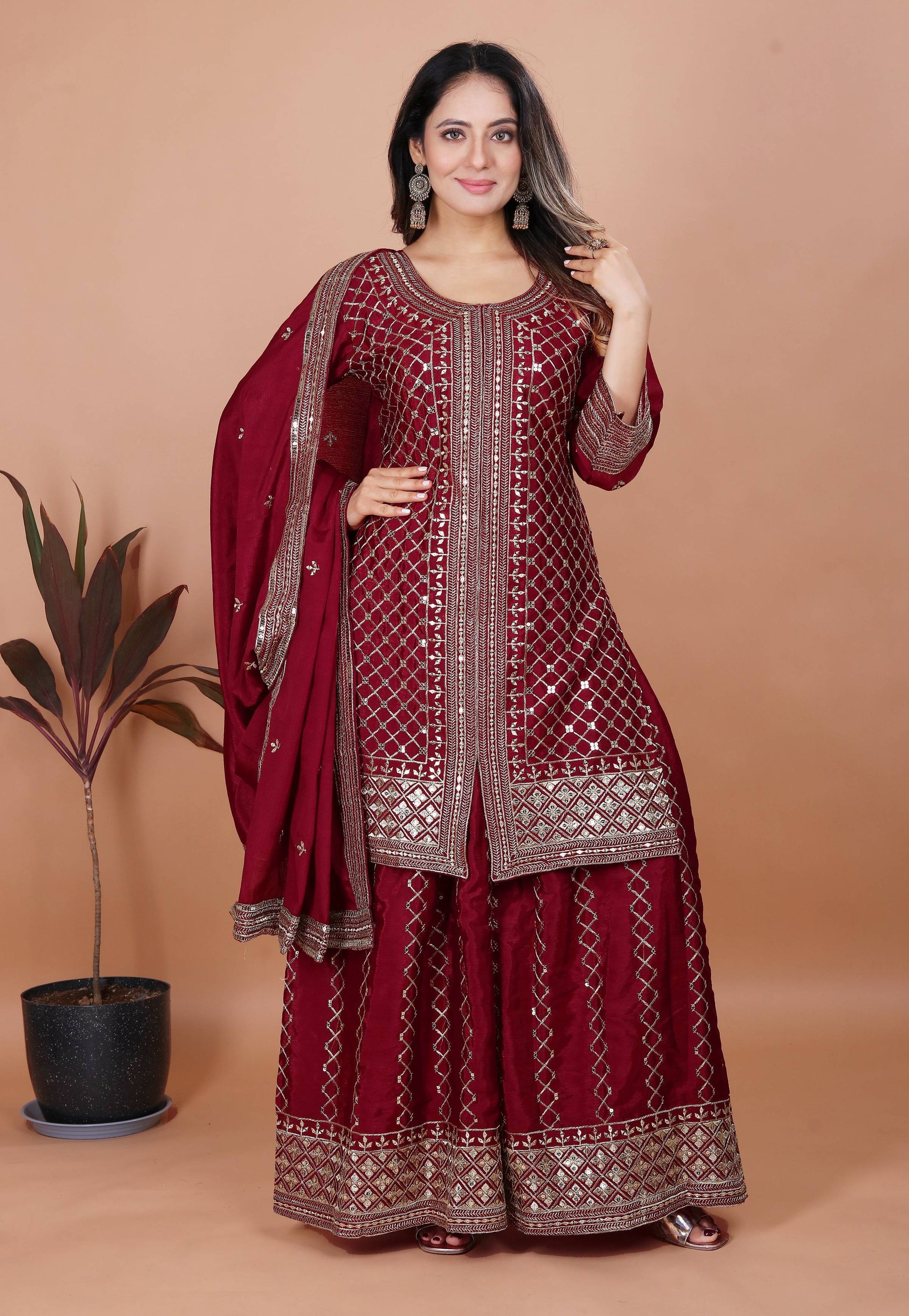 Yash Enterprise Maroon Chinon Silk Party Wear Embroidery Suit Set  Grab2Buy Yash Enterprise Grab2Buy