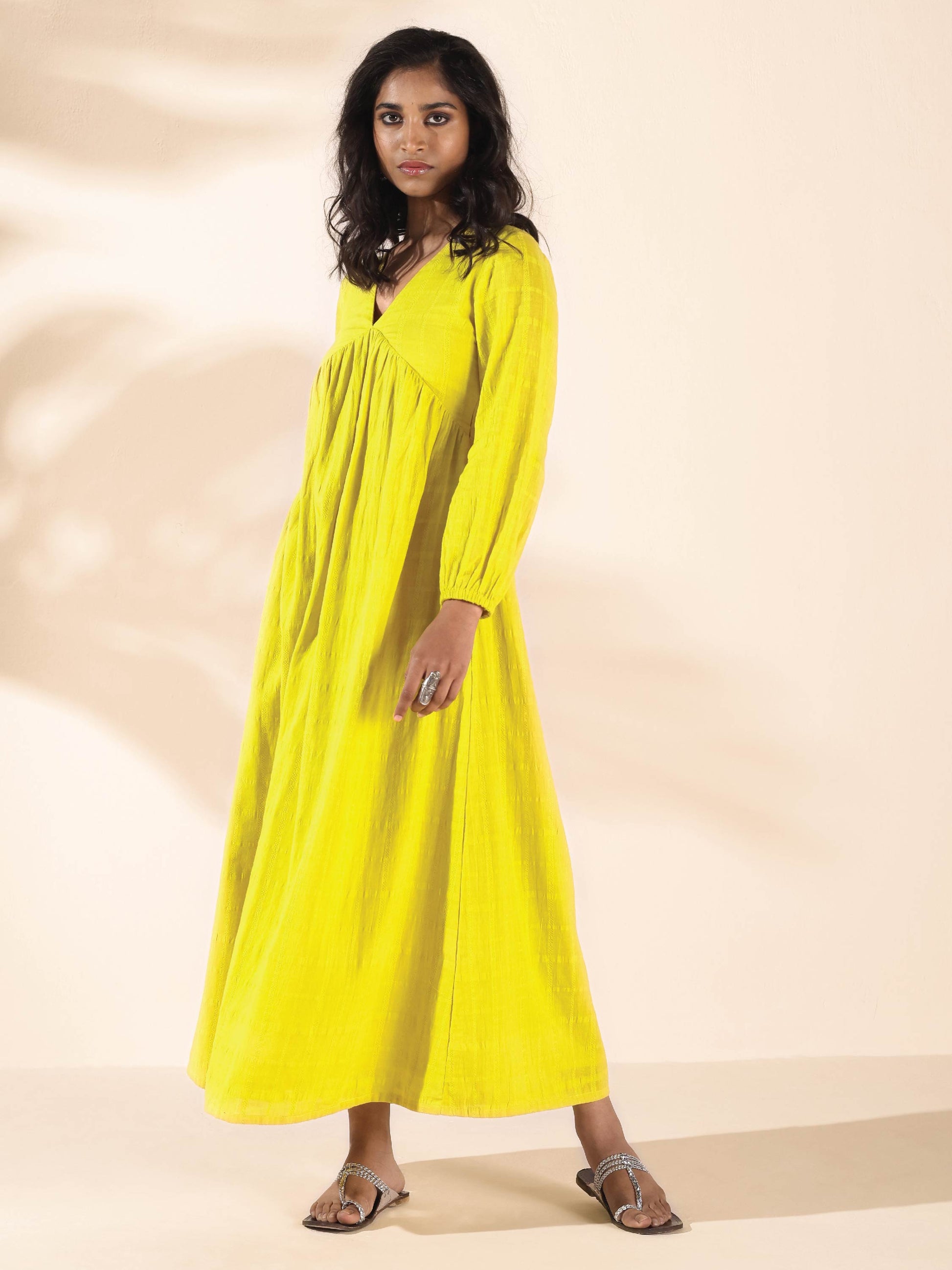 trueBrowns Lime Cotton Dobby Flared Dress 