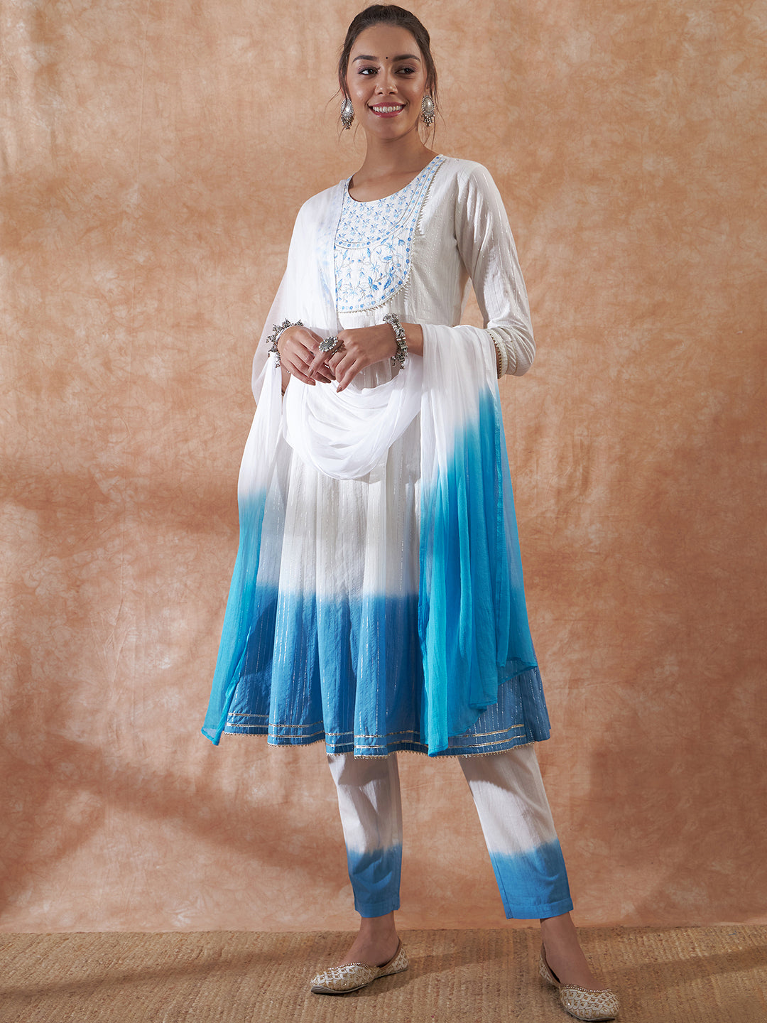InWeave Women's White Lurex Blue Dye Patch Gota Anarkali Kurta Set W Dupatta 