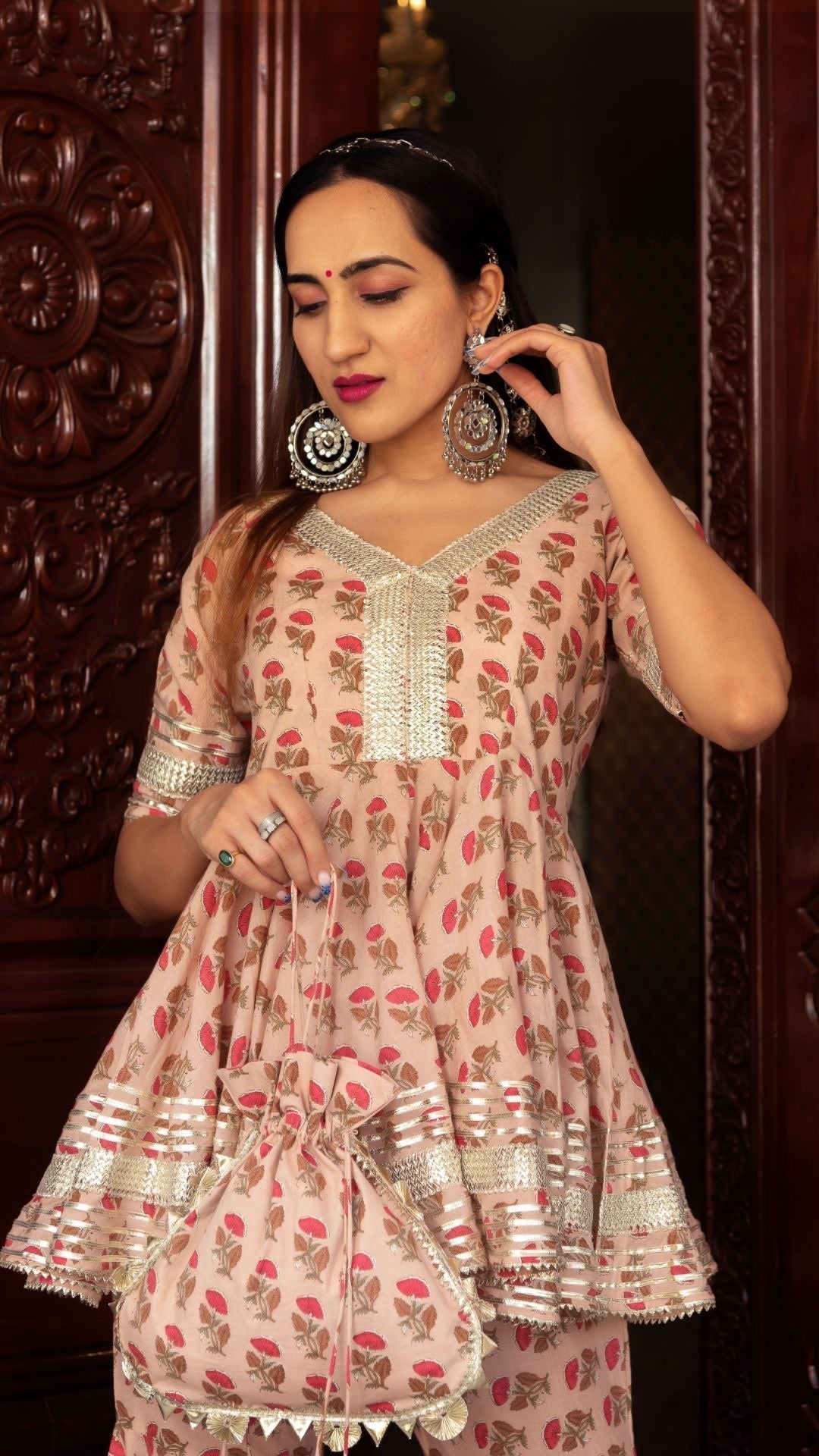 Pomcha Jaipur Peach Hand Block Cotton Sharara Set 