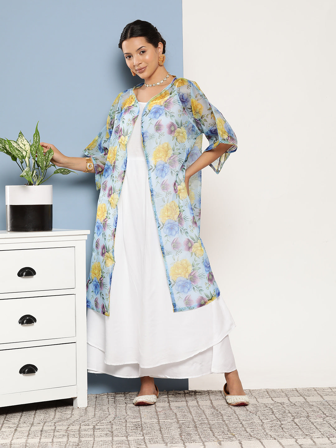 InWeave Women's Cream Strappy With Blue Floral Print Cape 
