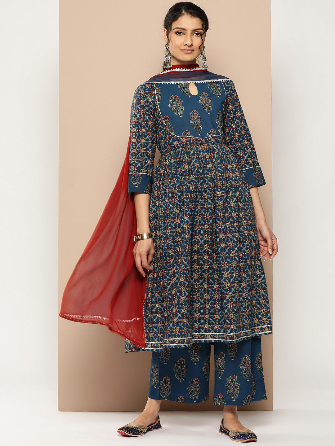 KSUT (House of Varanga) Blue And Rust Yoke Style Anarkali Paired With Printed Palazzo And Ombre Dupatta