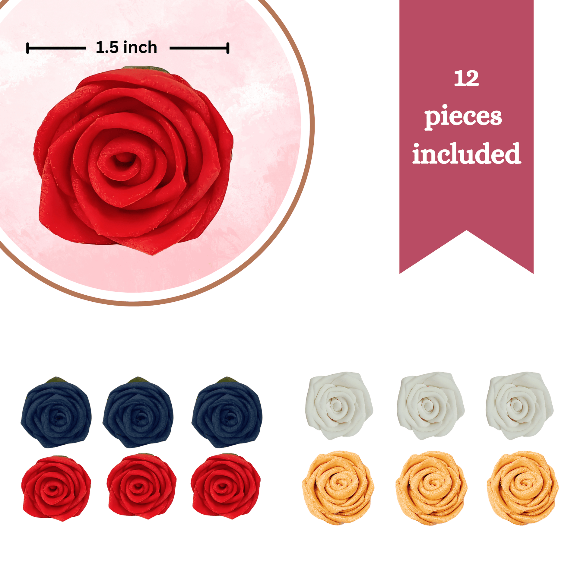 Confect Edible Sugar Roses Cake Toppers - Pack of 12 (04)