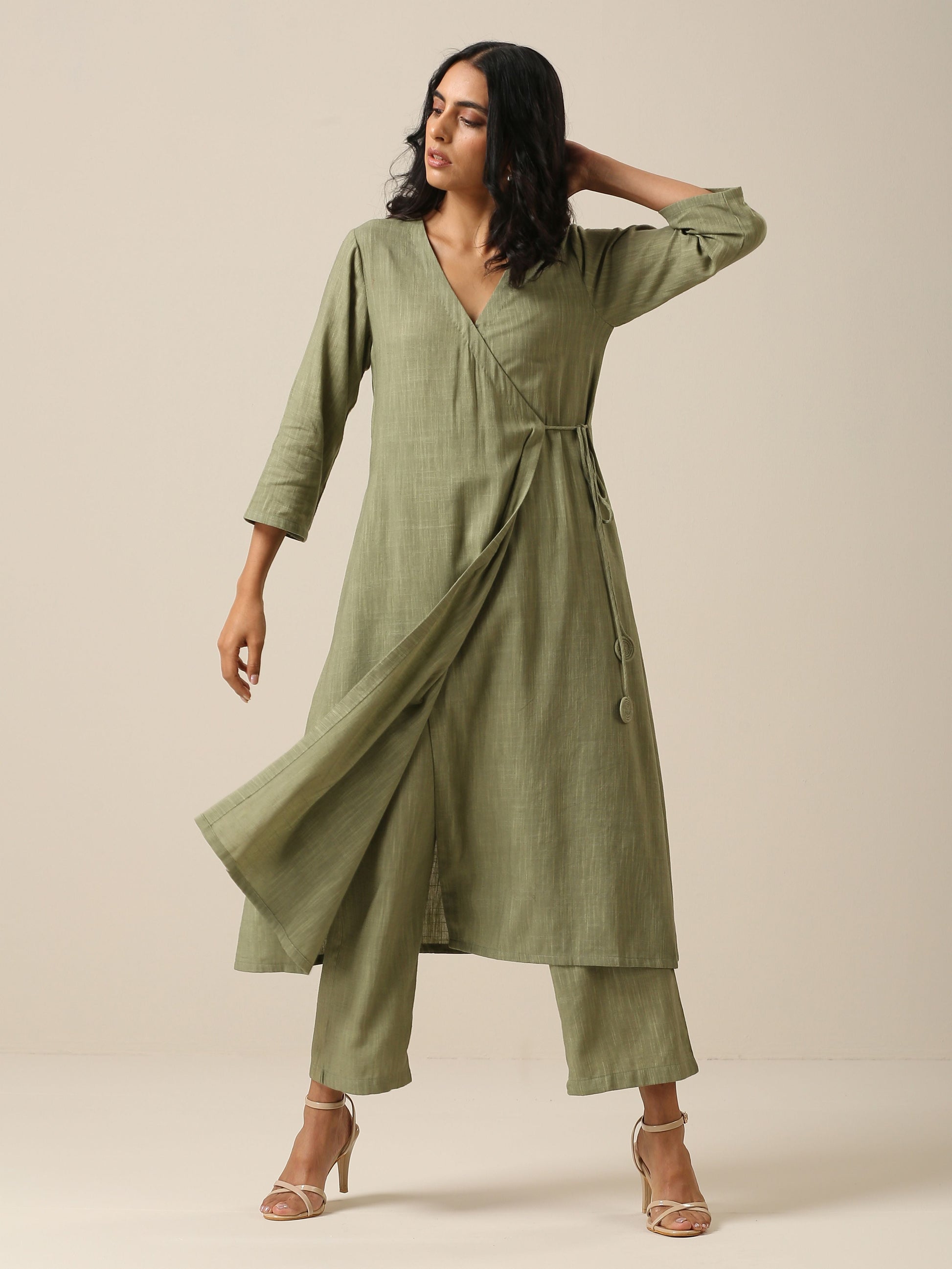 trueBrowns Sage Slub Texture Angrakha Pant Set 