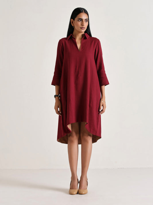 trueBrowns Maroon Short Collared Dress 