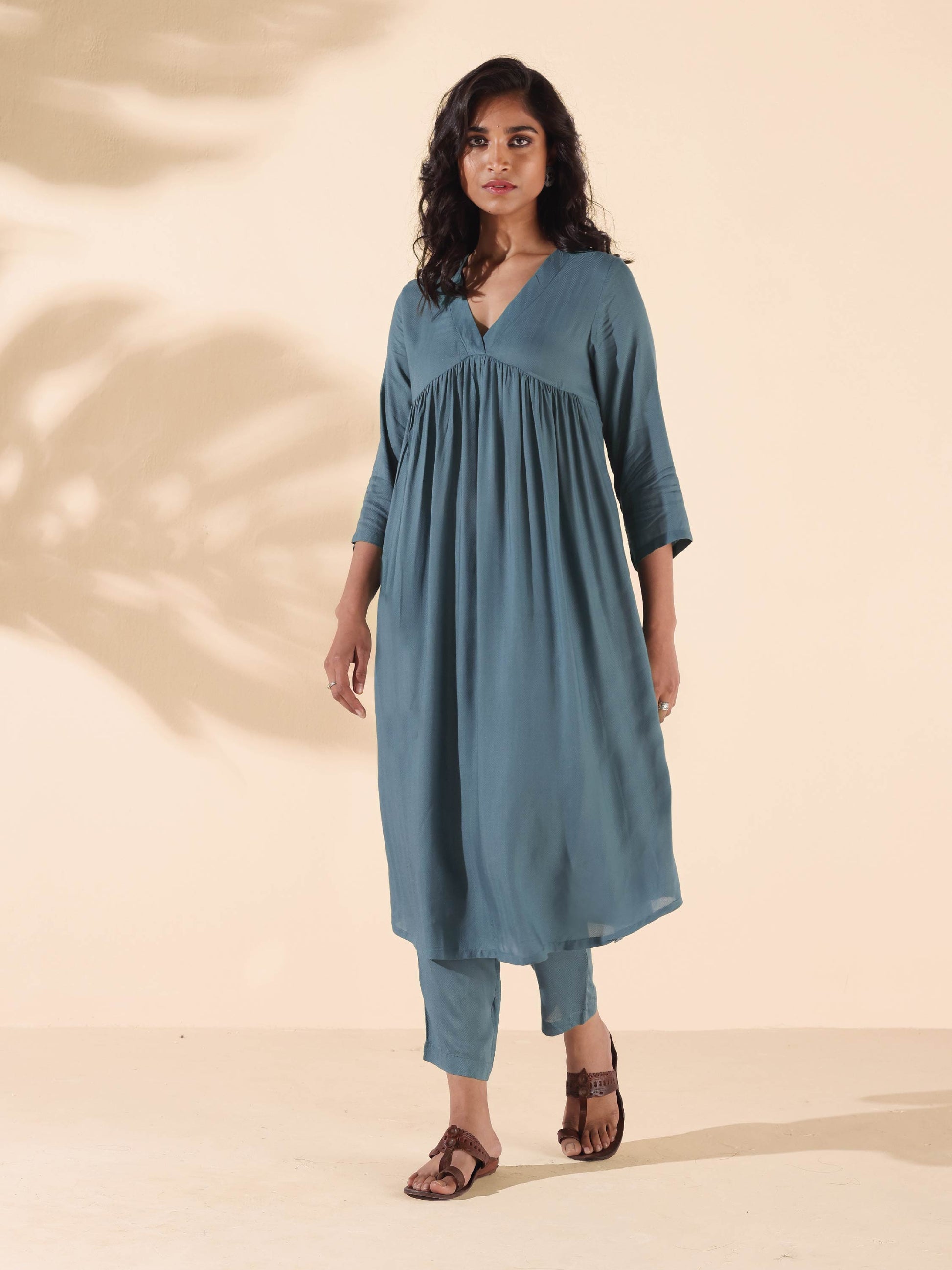 trueBrowns Turquoise Viscose Dobby Flared Kurta Pant Set 