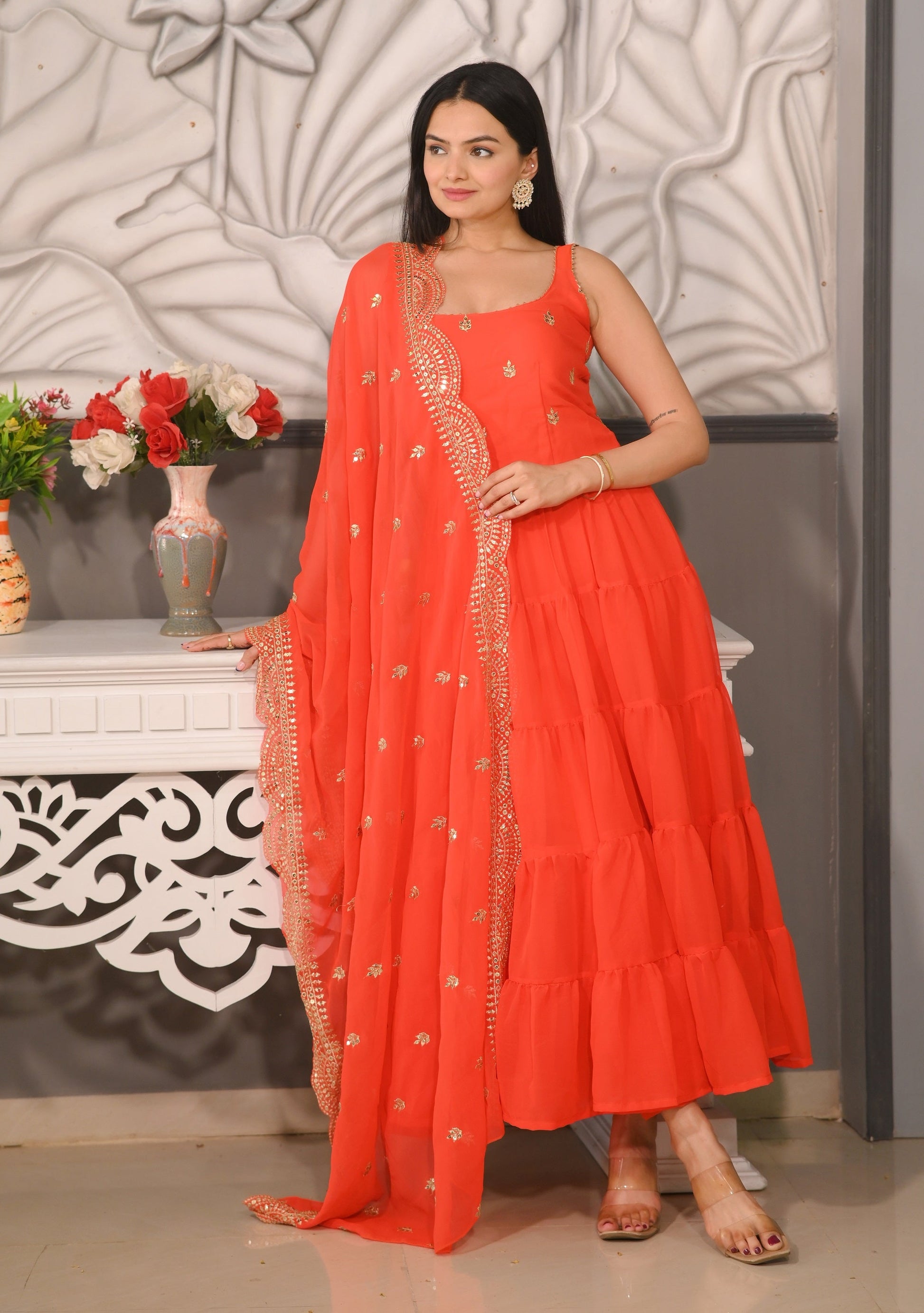 Teeya Creation Orange Color Faux Georgette Silk Heavy Embroidery Work Fully Stitched Gown