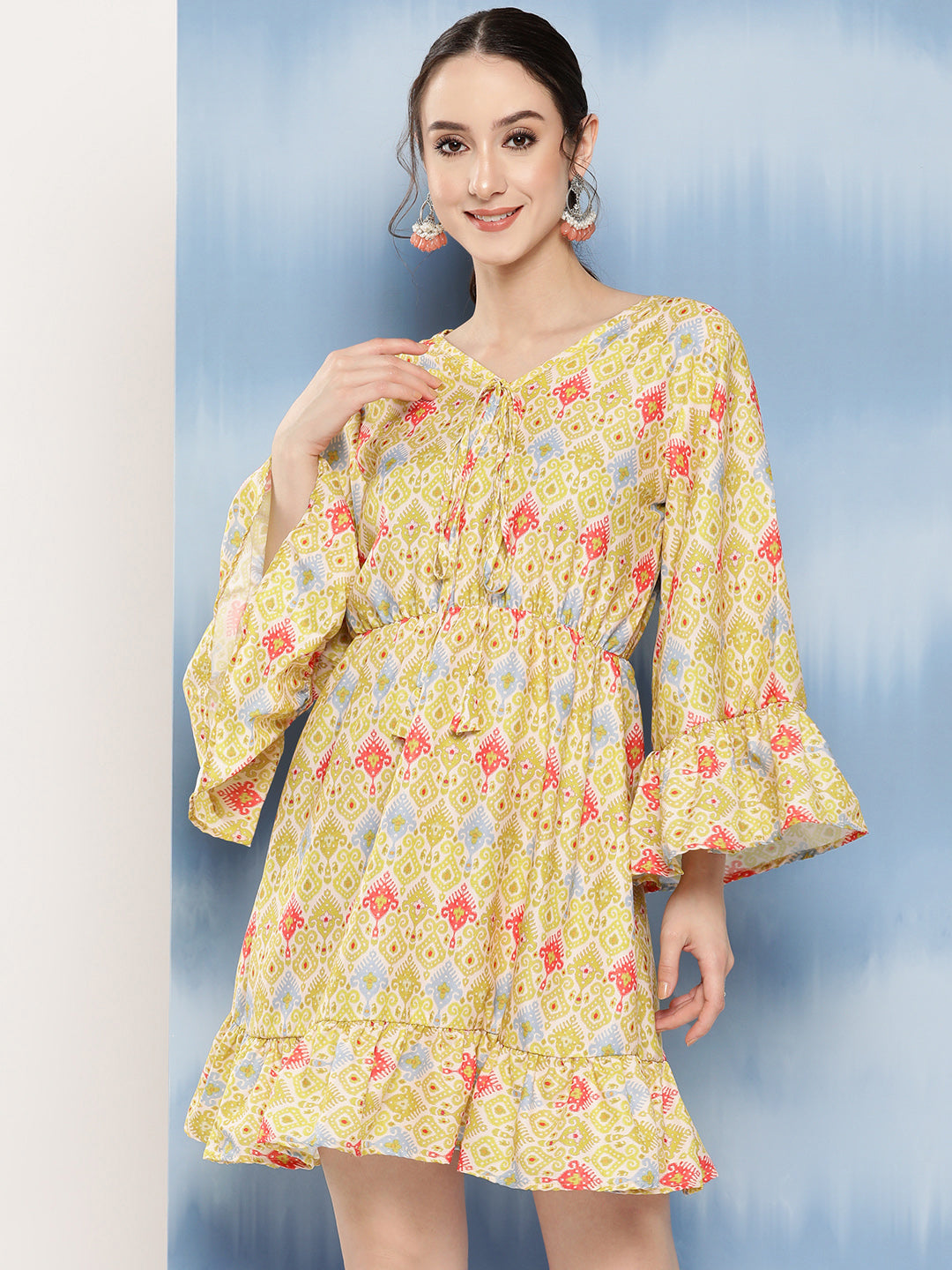InWeave Women's Yellow Orange Ikkat Print Short Dress 