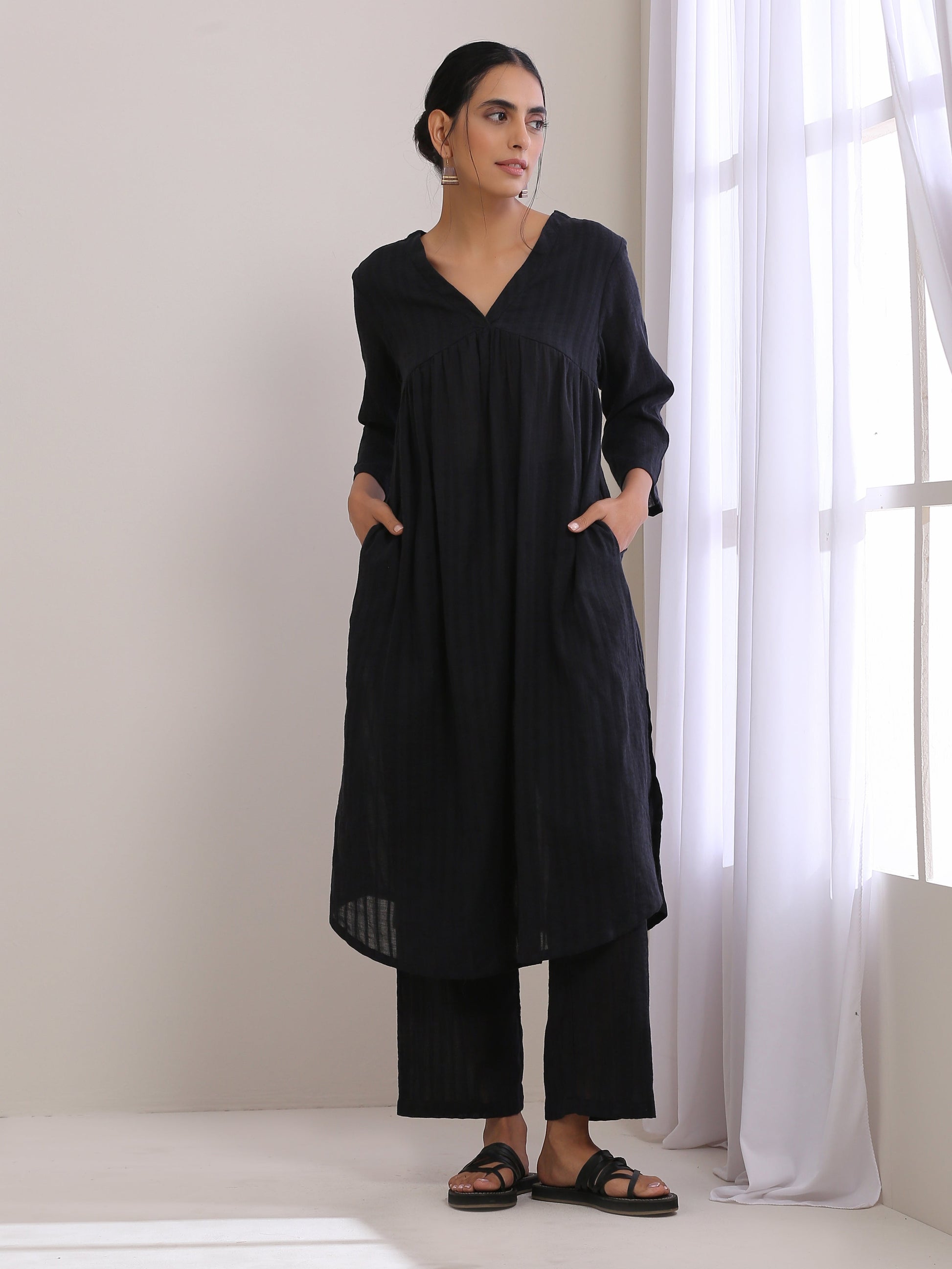 trueBrowns Black Dobby Flared Slit Kurta Pant Set 