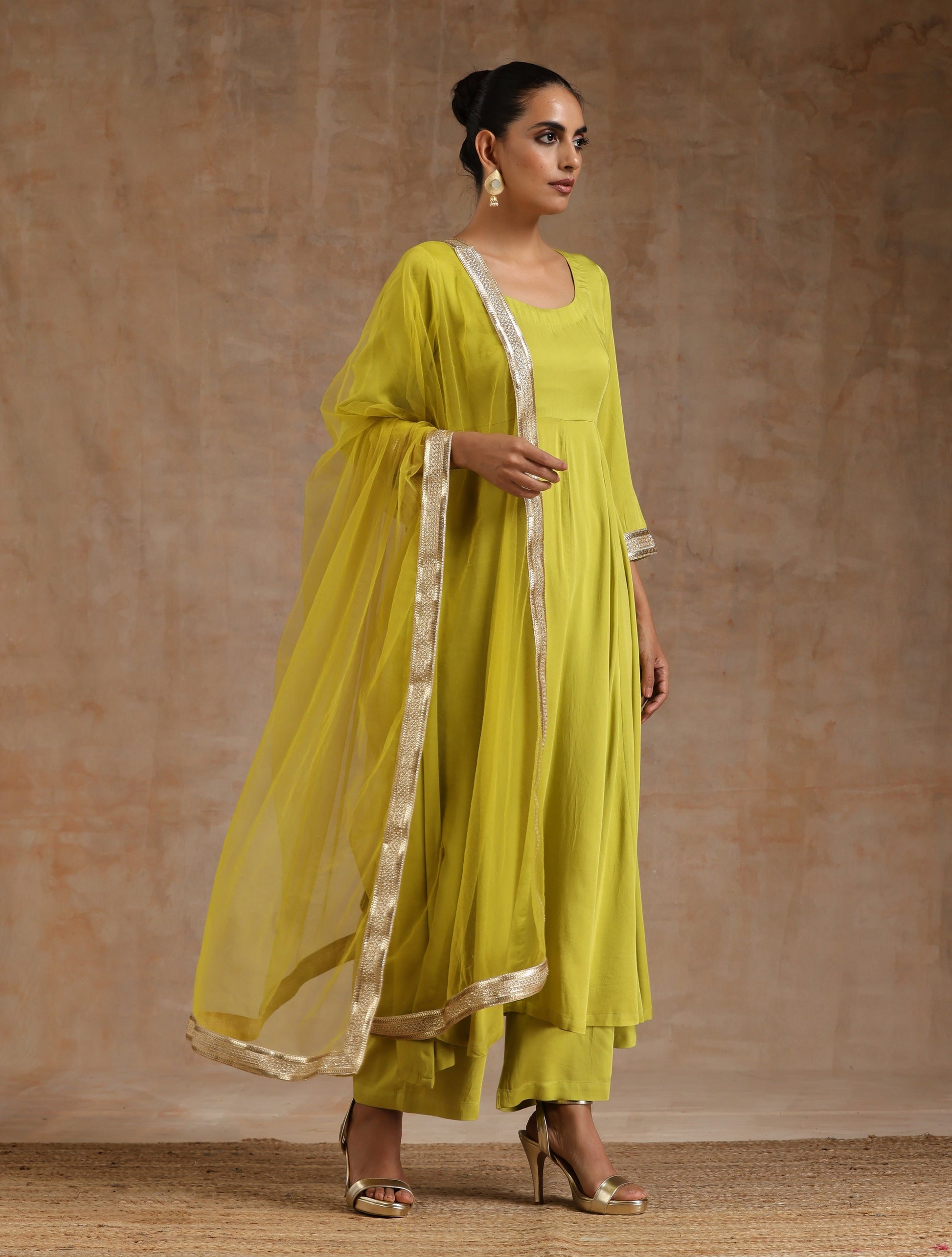 trueBrowns Lime Modal Satin Anarkali Set 