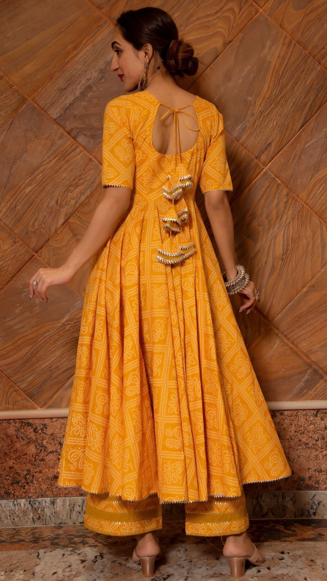 Pomcha Jaipur Bandhej Yellow Cotton Anarkali Set 