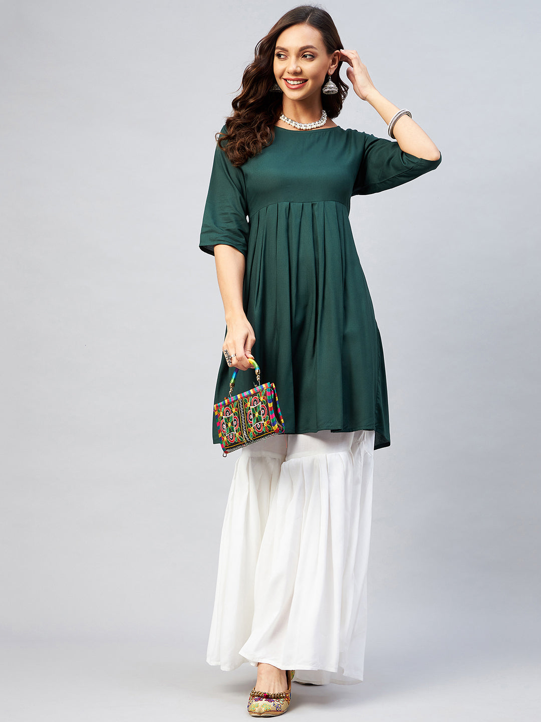 InWeave Women's Dark Green Short Anarkali Kurta 