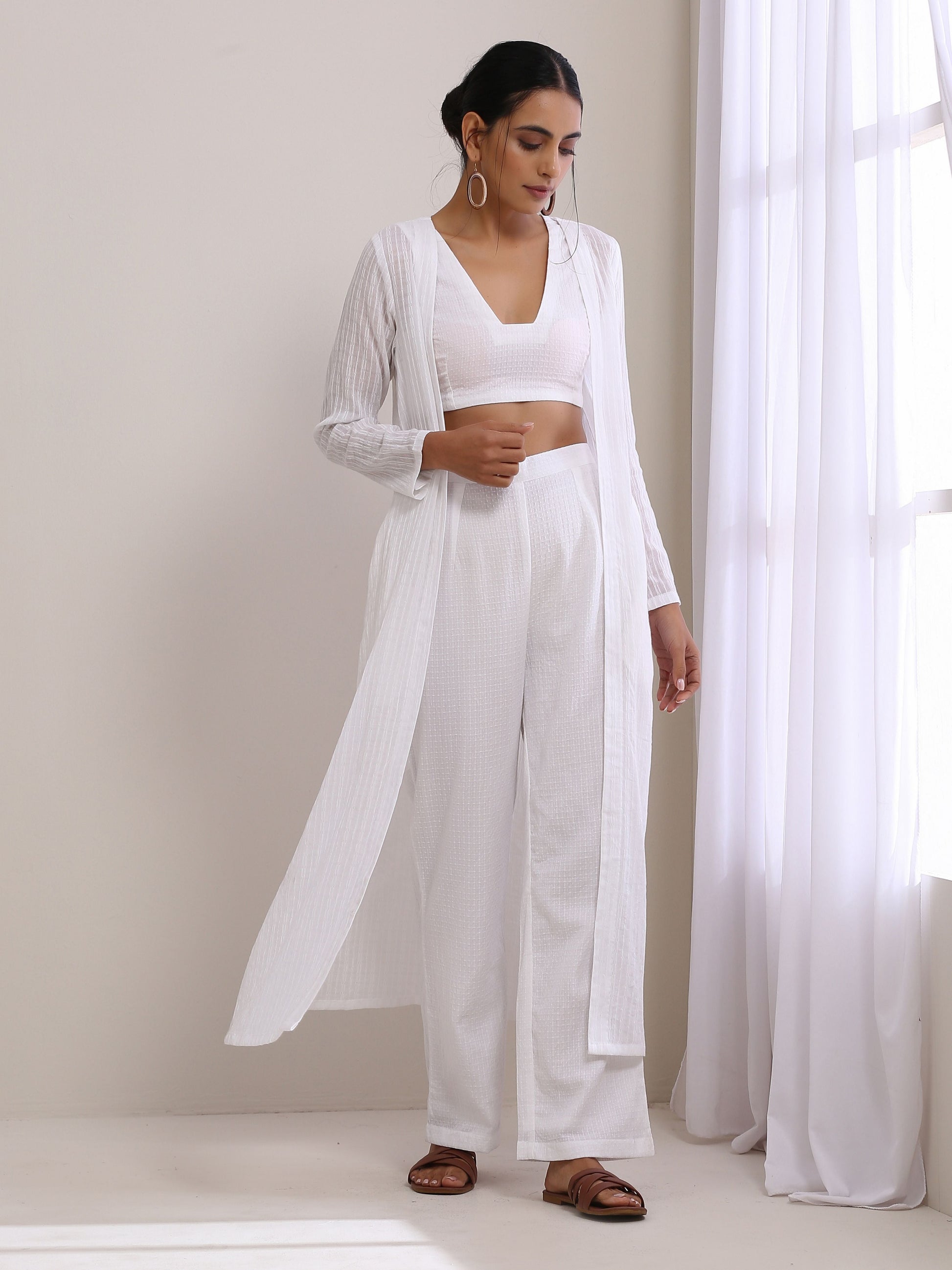 trueBrowns White Dobby Overlay Jacket Blouse Pant Set 