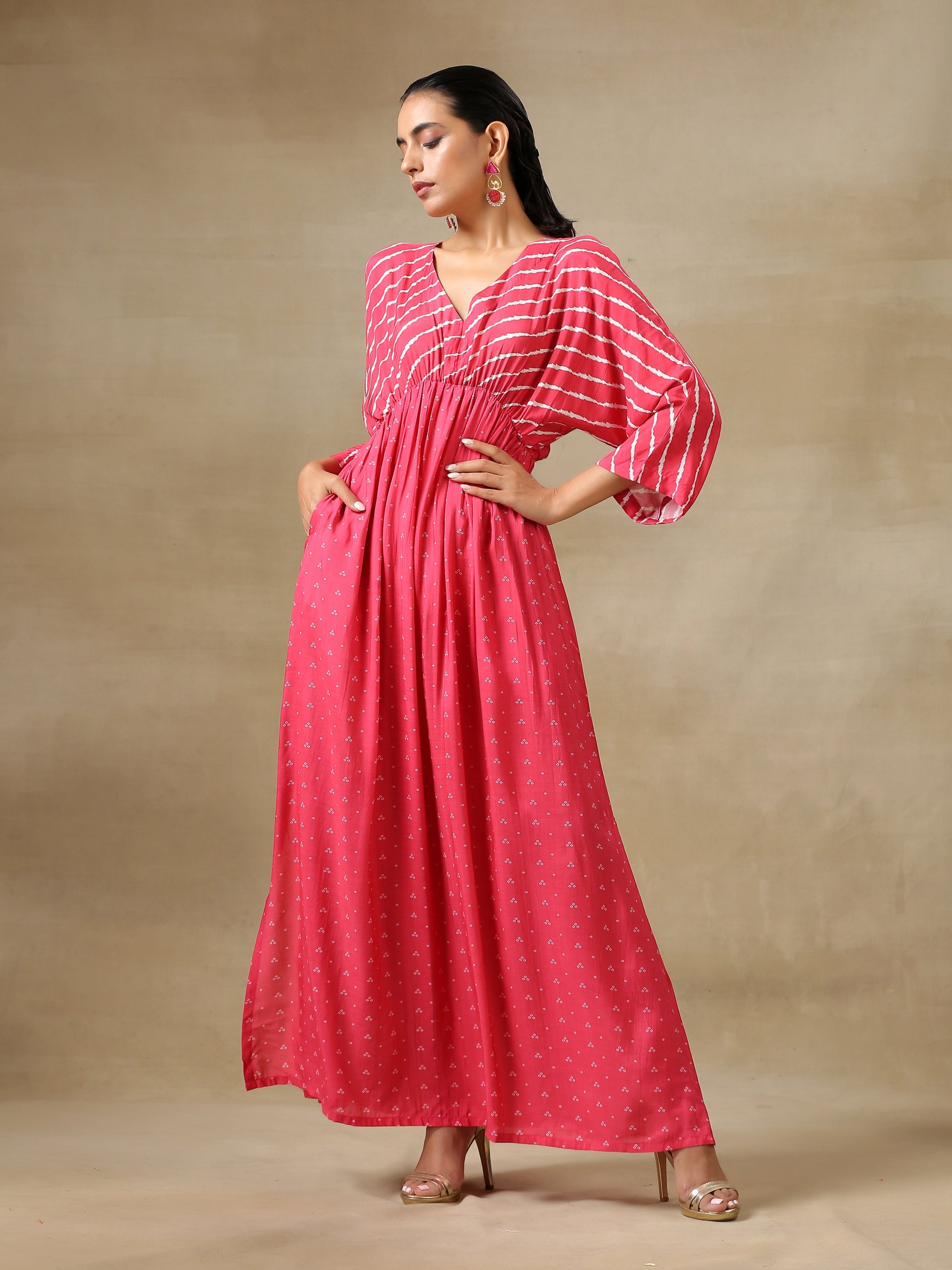 trueBrowns Pink Bandhani Printed Silk Drop Shoulder Dress 