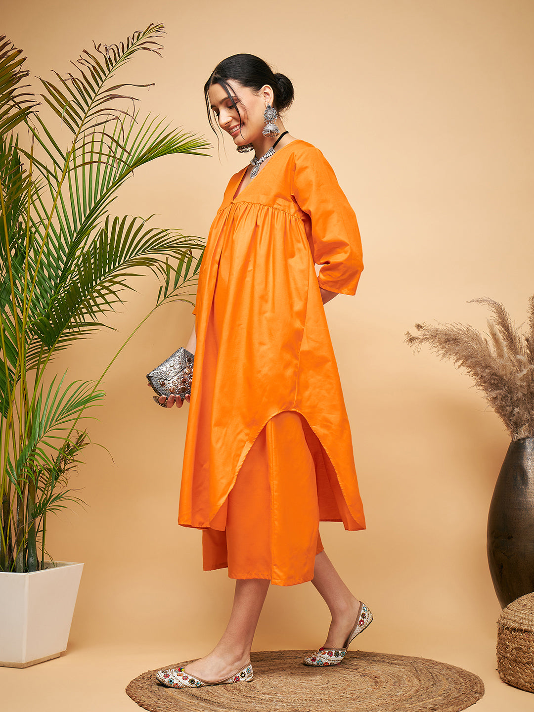 InWeave Women's Orange Flared Kurta Palazzo Set 