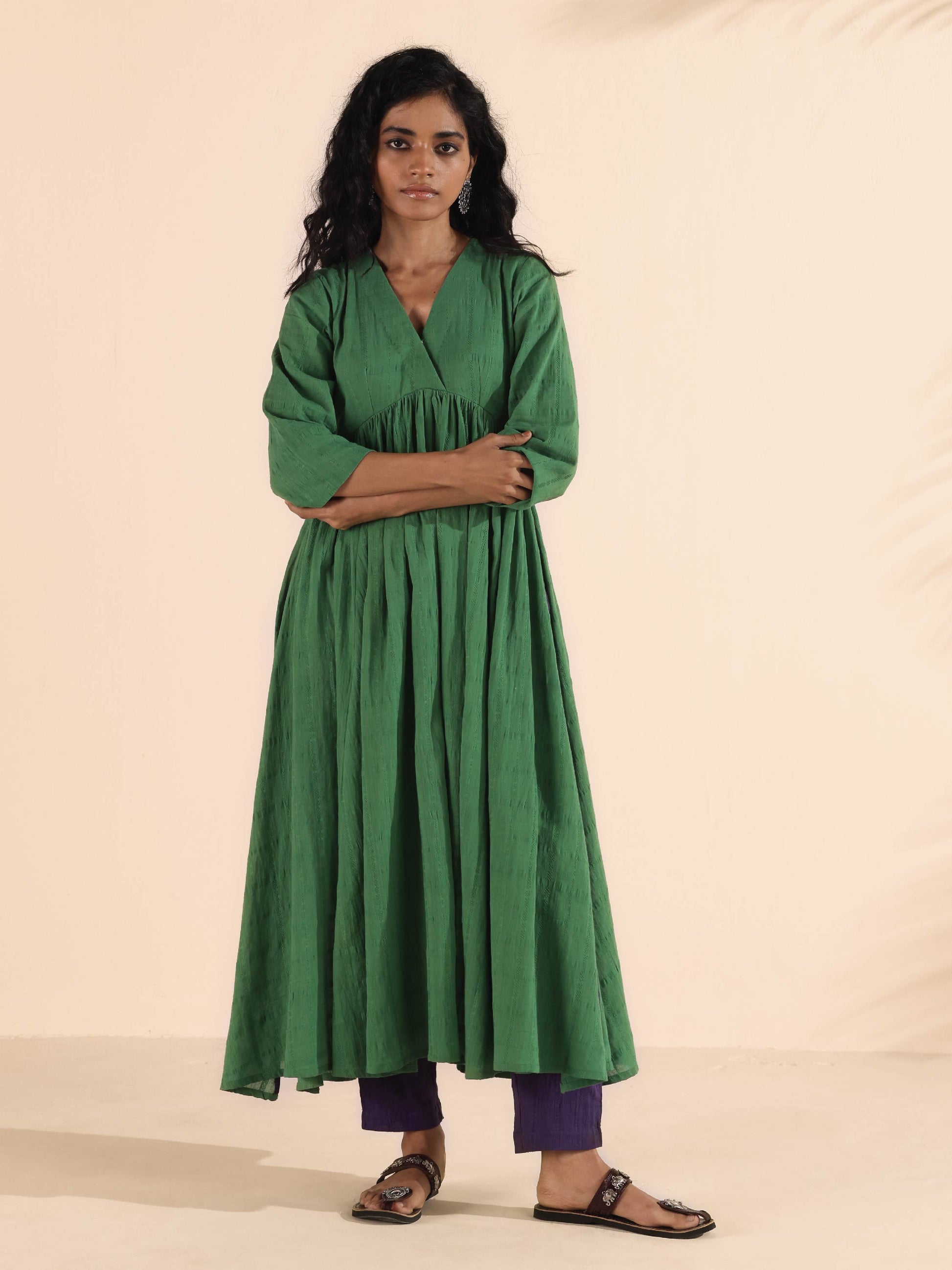 trueBrowns Green Cotton Dobby Flared Kurta Pant Set 