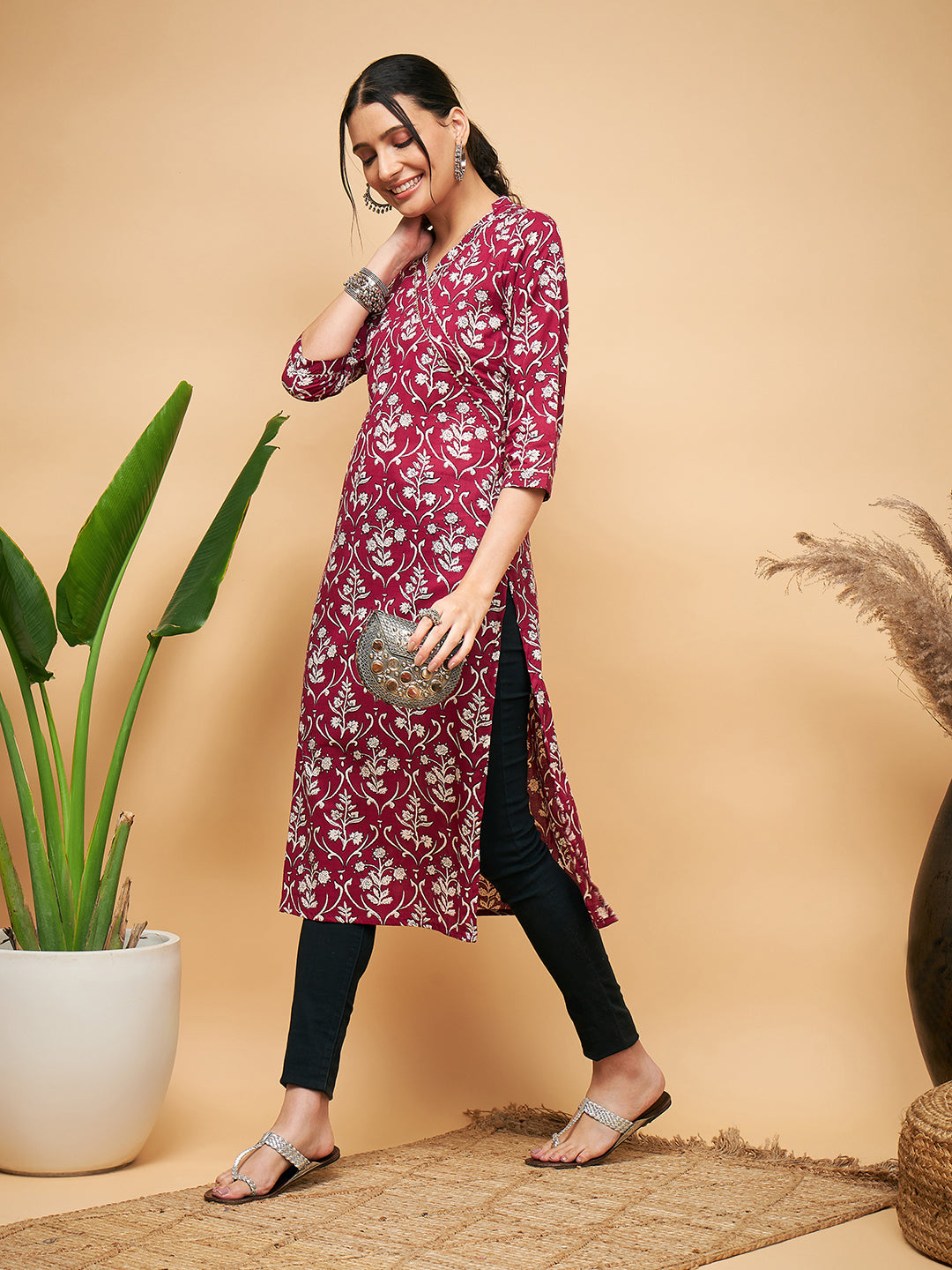 InWeave Women's Wine Floral Print Straight Angrakha Gota Kurta 