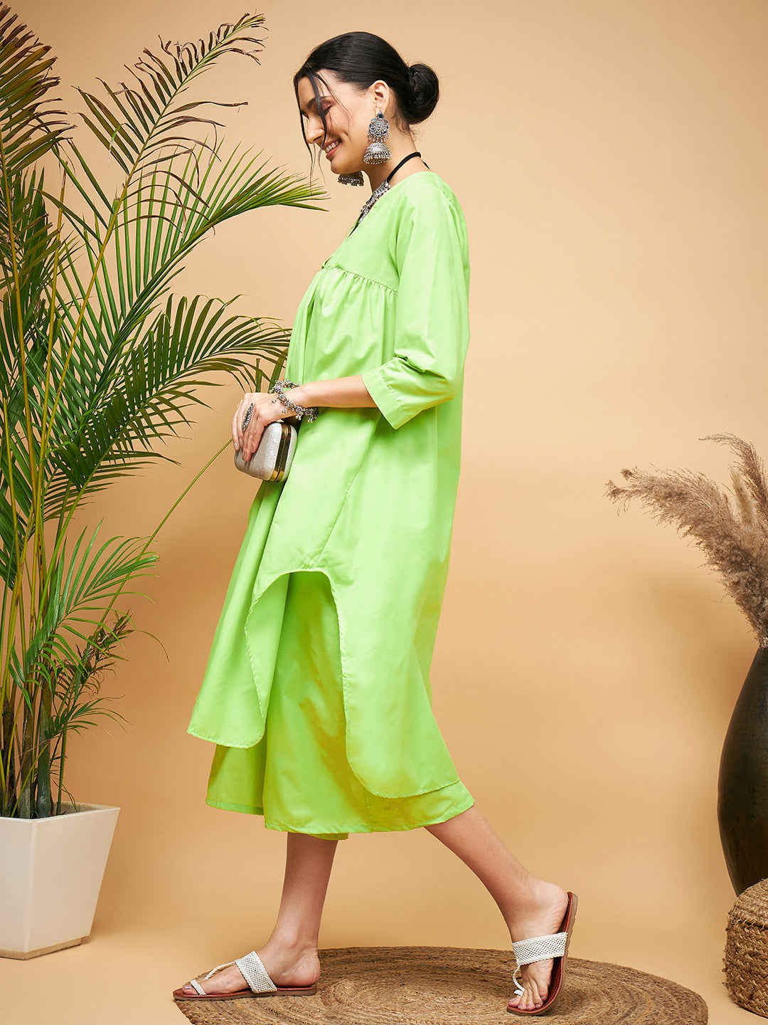 InWeave Women's Lime Green Flared Kurta Palazzo Set 