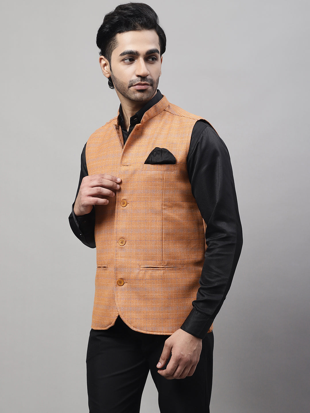 Even Apparels Men's Orange Nehru Jacket With Welt Pockets 