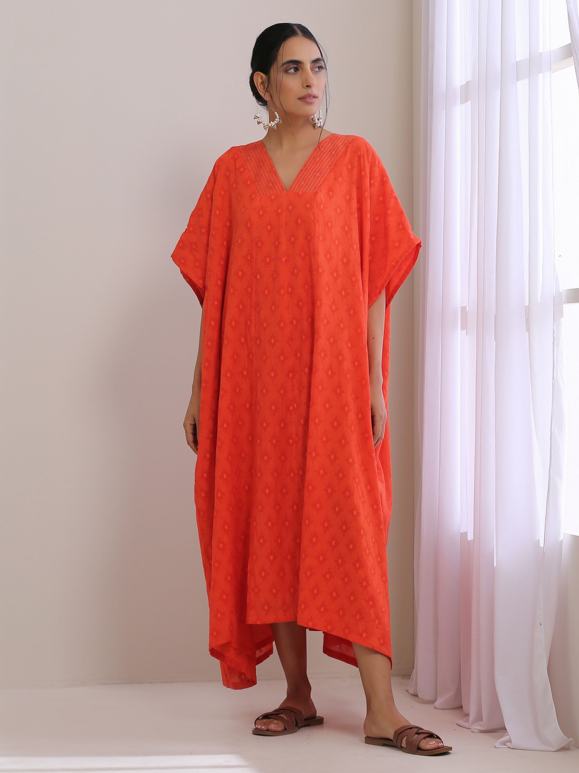 trueBrowns Orange Dobby Panel Kaftan Dress 