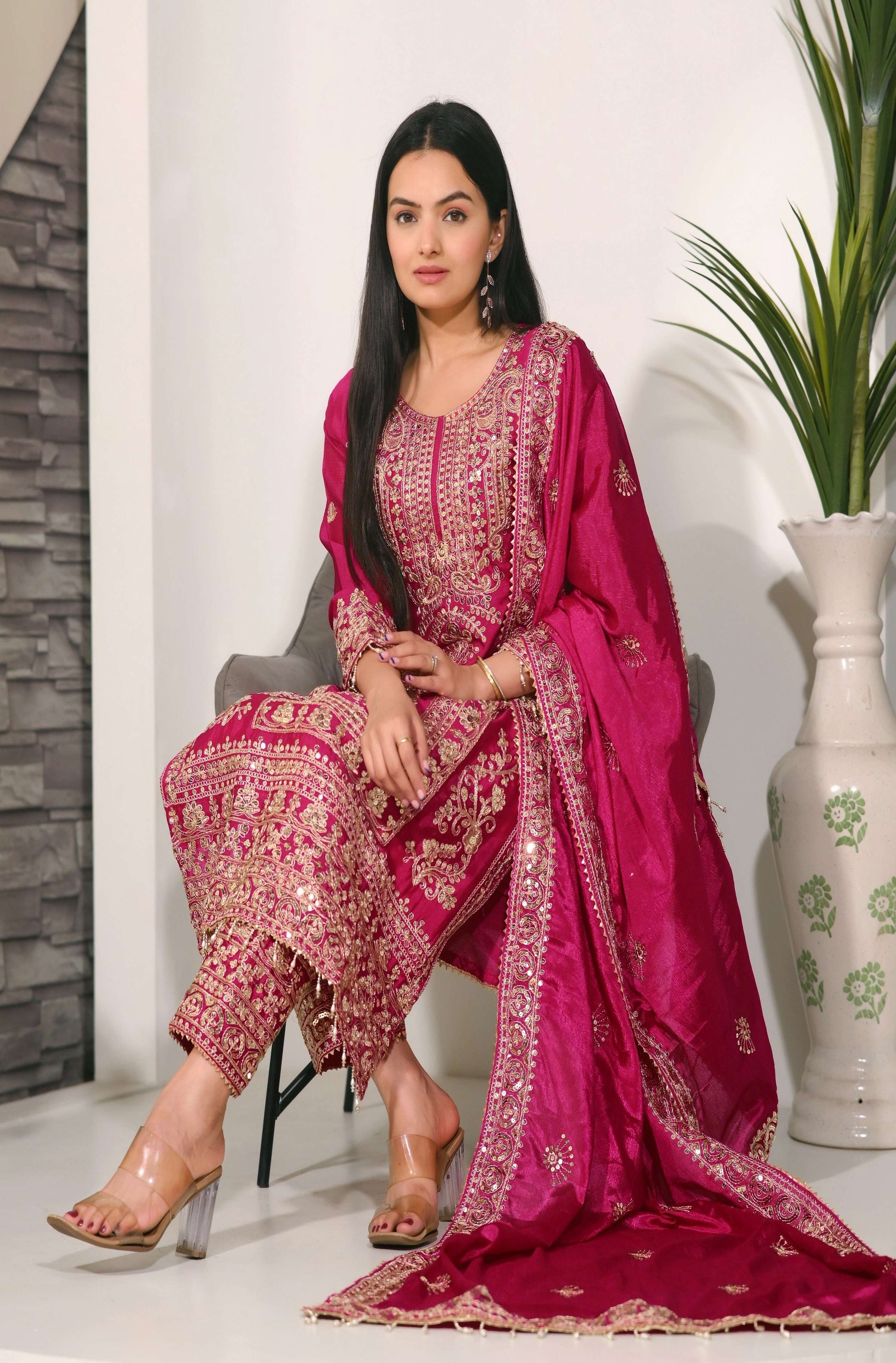 Teeya Creation Rani Color Chinon Silk Heavy Embroidery Work Fully Stitched Salwar Suit