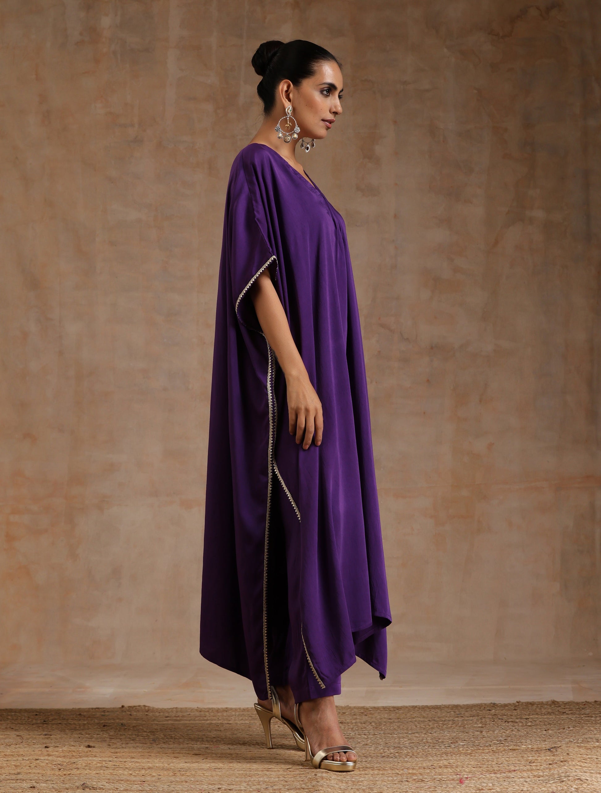 trueBrowns Violet Modal Satin Kaftan Kurta Set 