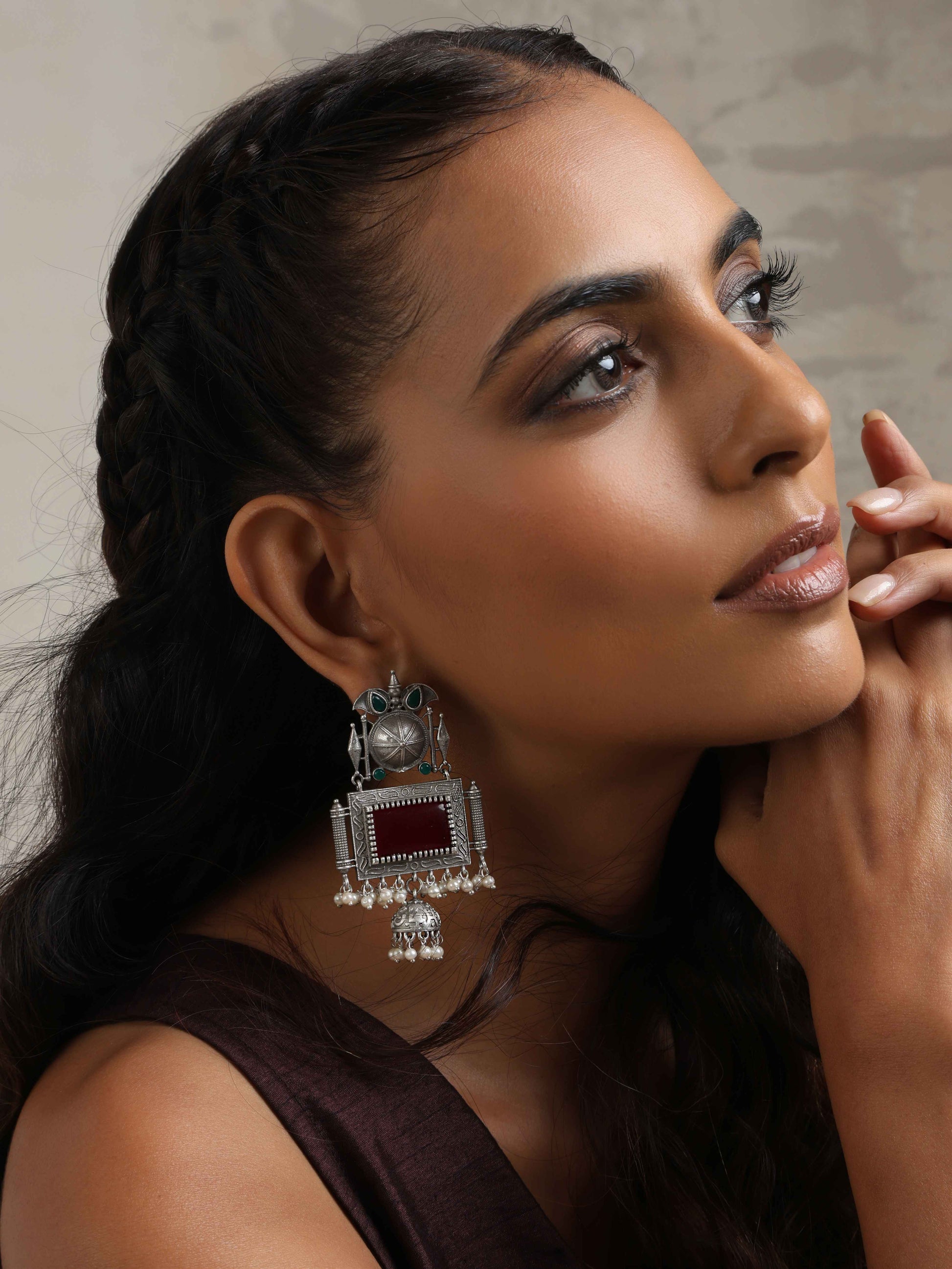 trueBrowns Silver Tone Red Stone Dangle Earrings Truebrowns Lifestyle