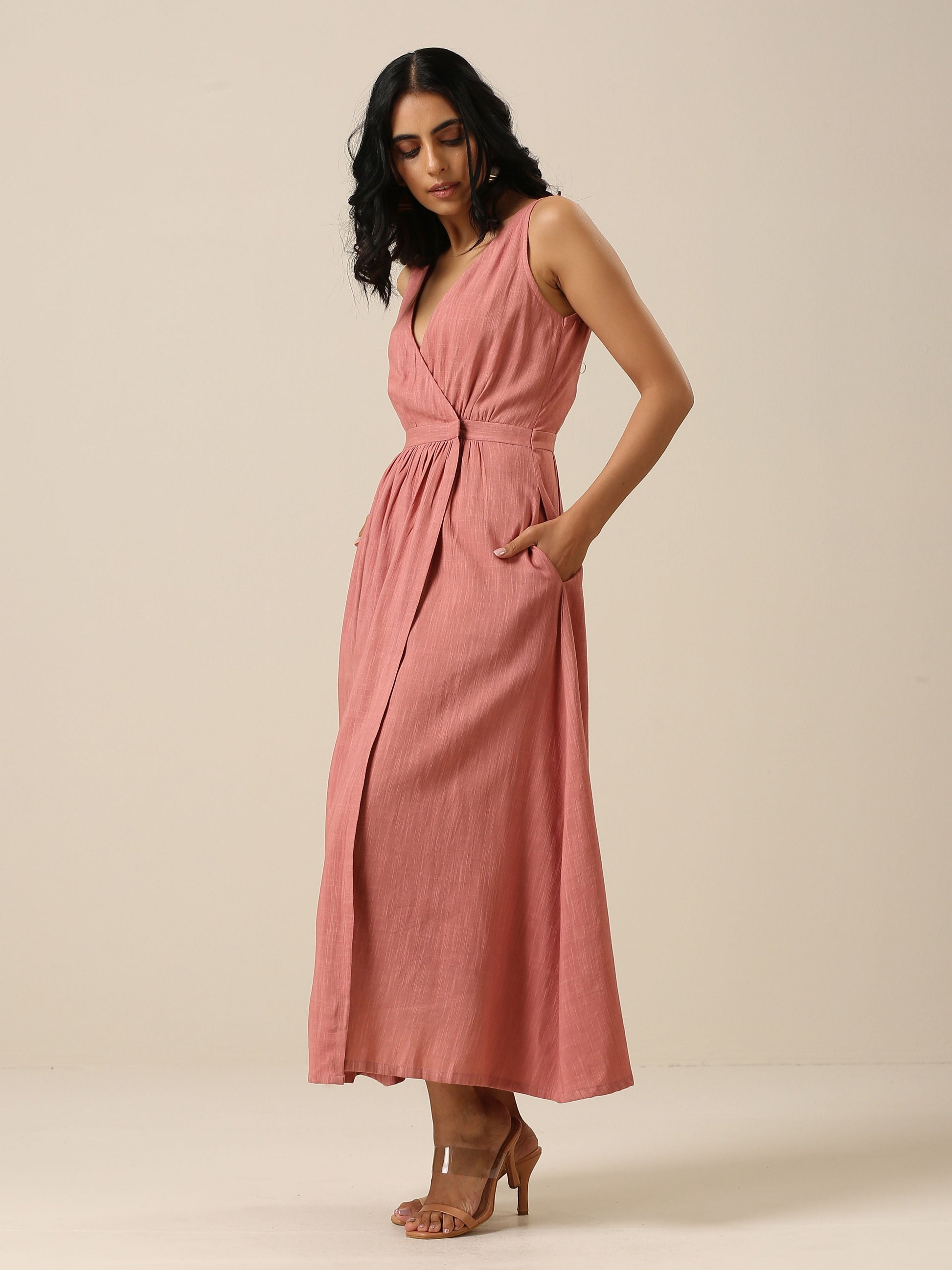 trueBrowns Light Mauve Slub Texture Sleeveless Wrap Dress 