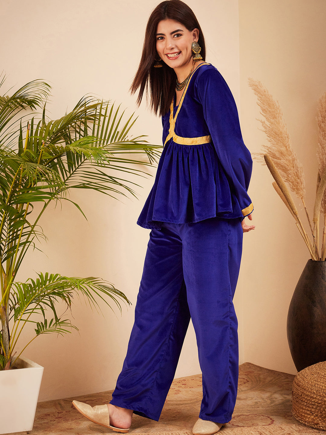 InWeave Women's Royal Blue Mughal Shaan Style Velvet Short Kurta Set 
