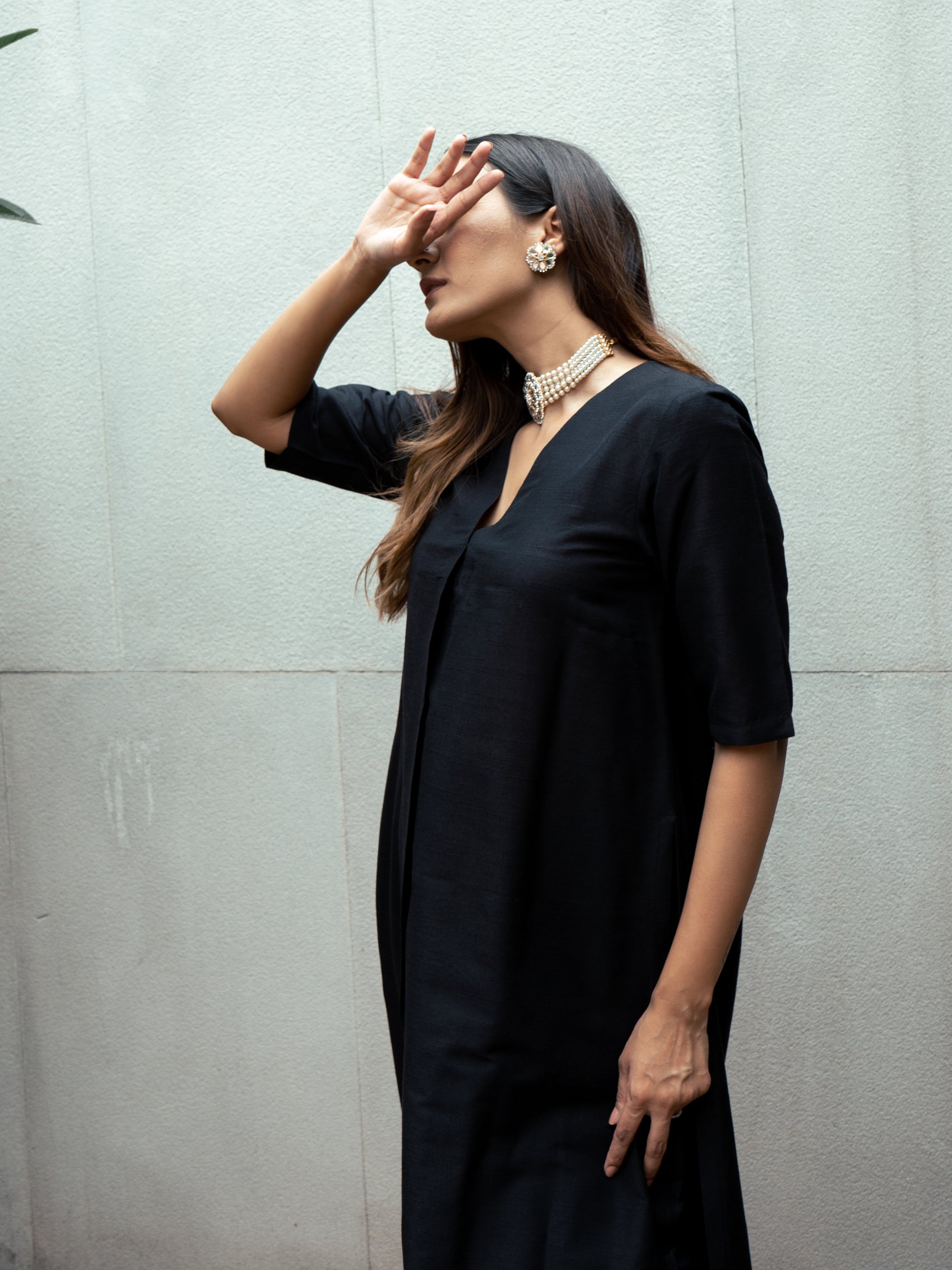 trueBrowns Black Silk Kurta Pant Set 
