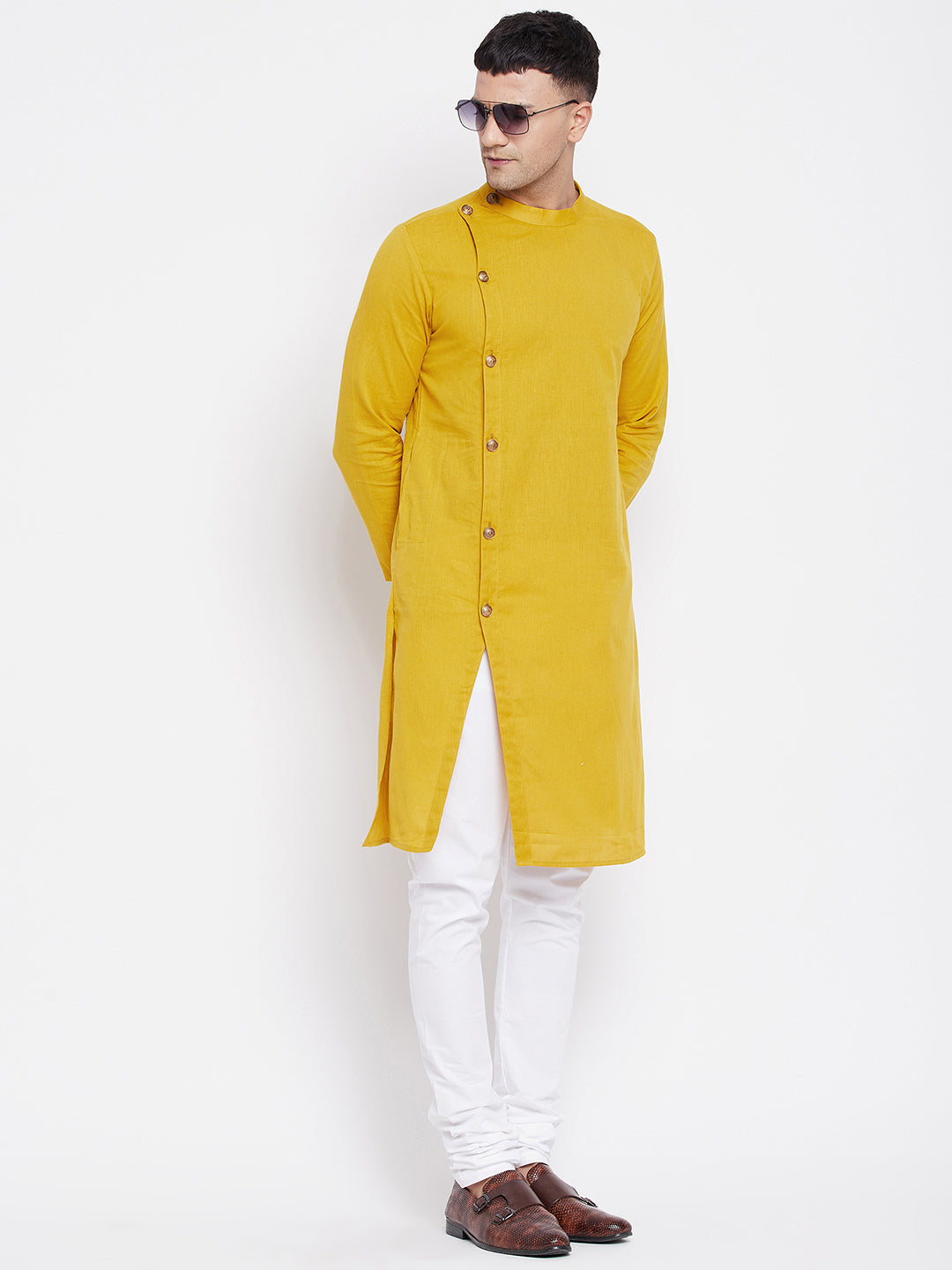 Even Apparels Yellow Pure Cotton Kurta With Band Collar 