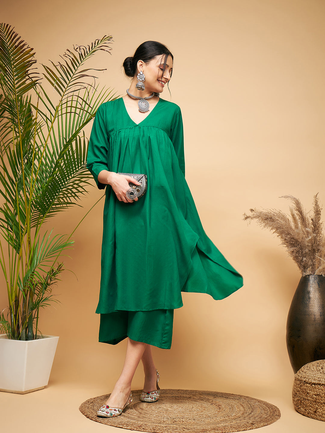 InWeave Women's Forest Green Flared Kurta Palazzo Set 
