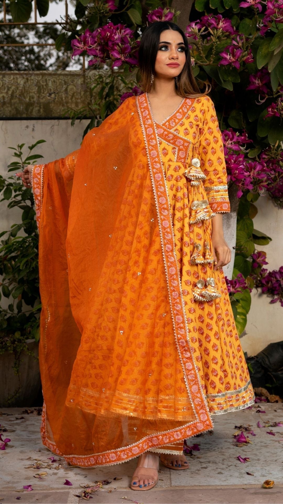 Pomcha Jaipur Mehar Light Brown Hand Block Anarkali Set 