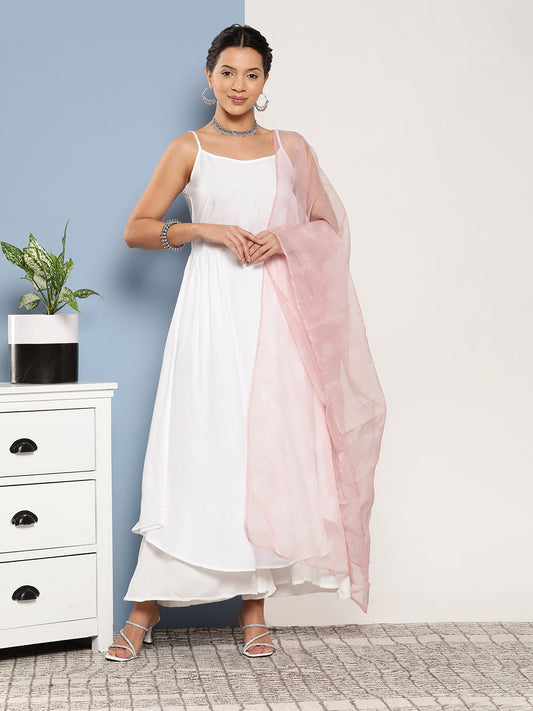 InWeave Women's Cream Strappy With Pink White Chintz Organza Dupatta 