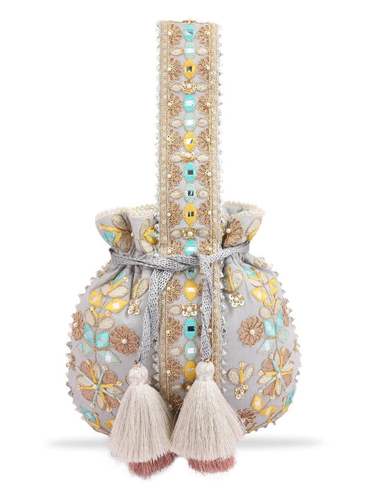 Masq Grey & Gold-Toned Embroidered Potli Clutch - Grab2buy