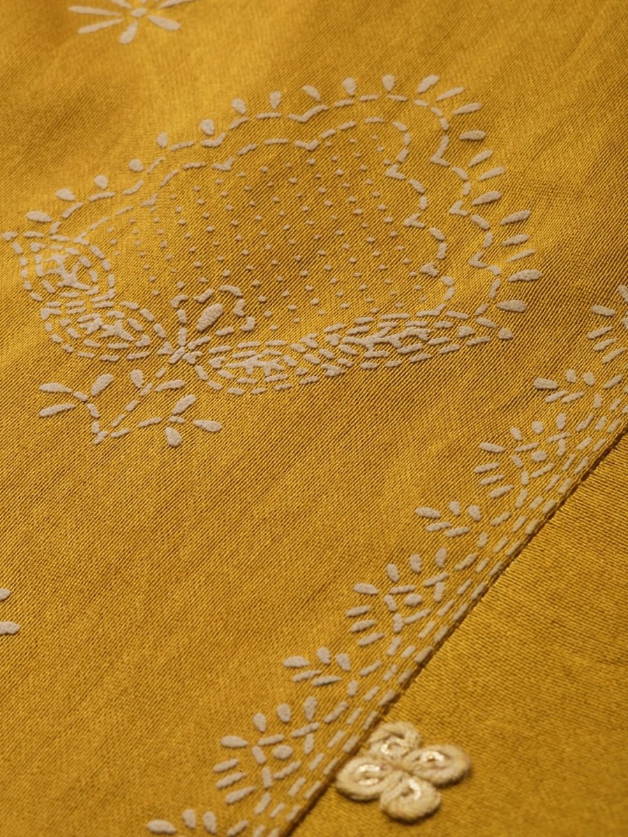 All About You Women Mustard Yellow & Off-White Ethnic Motifs Embroidered Kurta Set