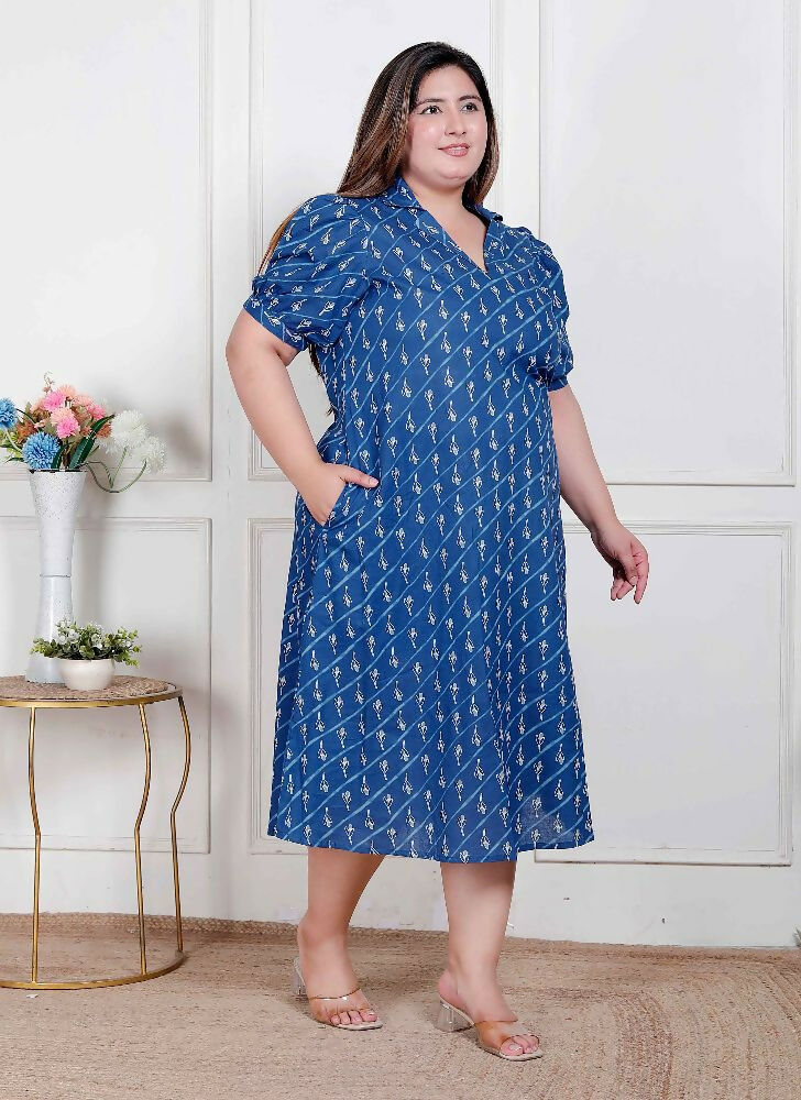 Miravan Plus Size Womens Floral Print Collar-Neck Puff Sleeves A-Line Maxi Dress