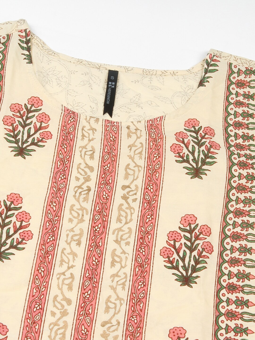HERE&NOW Cream-Color & Pink Floral Printed Straight Kurta