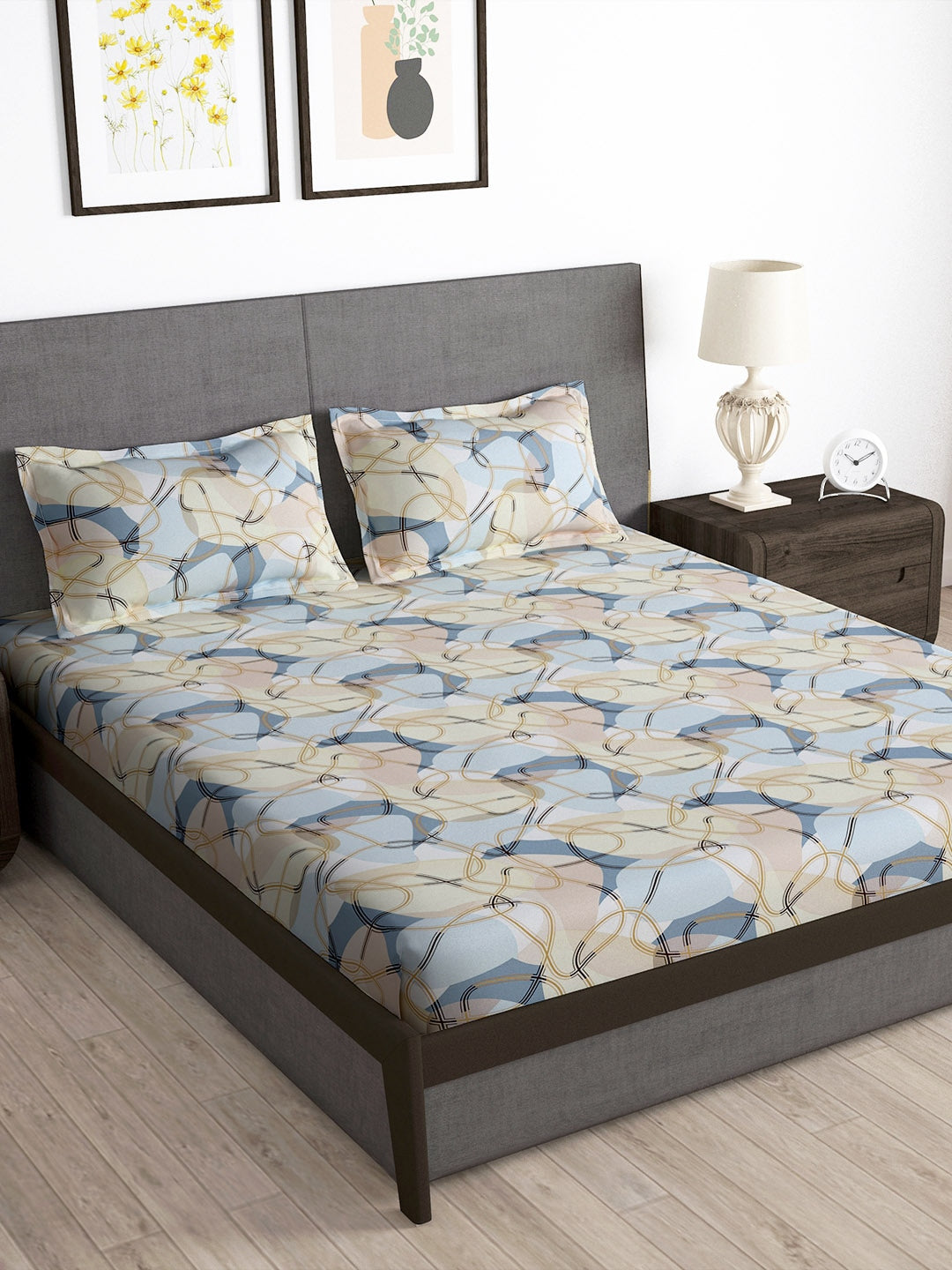 Story@home Arena Cream-Coloured & Grey Printed 180 TC Bedsheet & Pillow Covers 