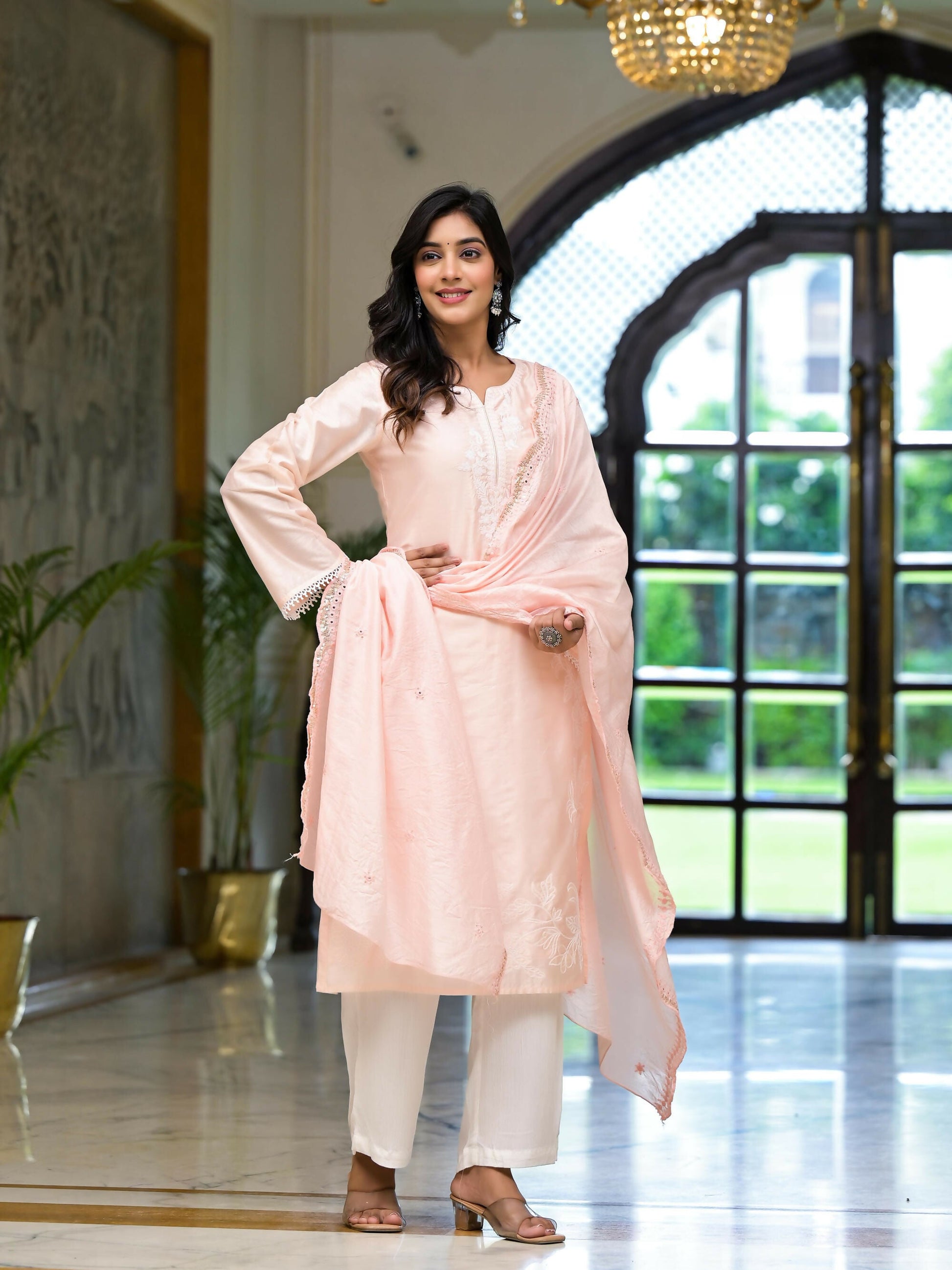 Juniper Women's Pink Thread Embroidered Viscose Kurta Palazzo And Dupatta Set With Thread & Mirror Work