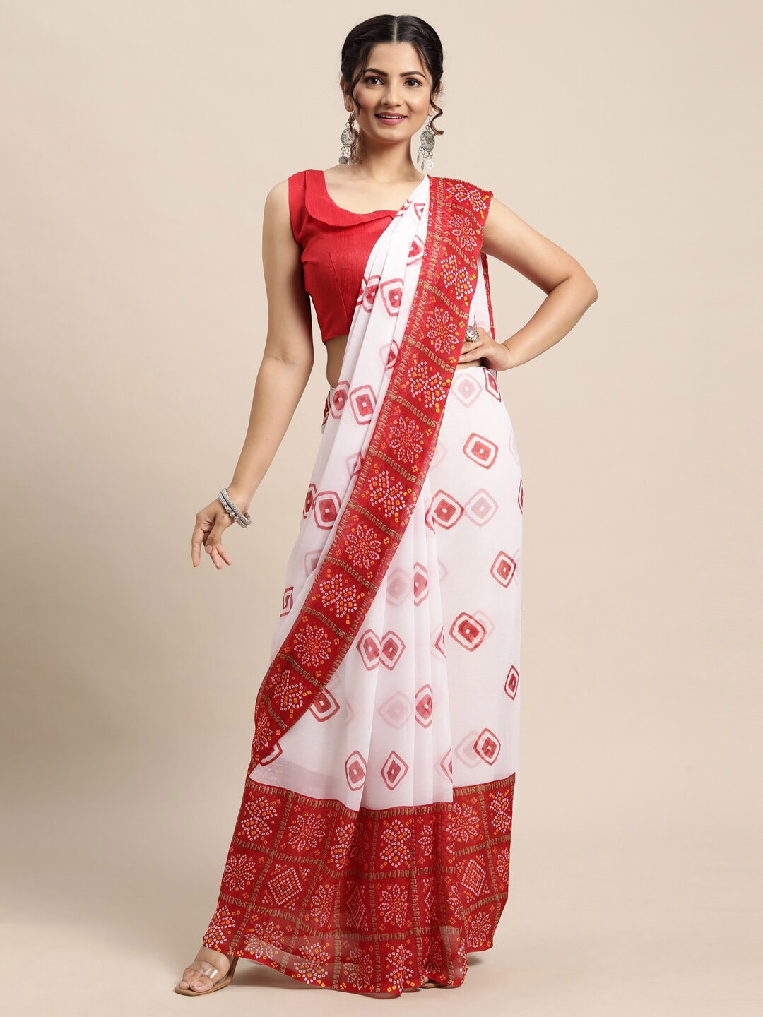 Saree Mall Women White & Red Bandhani Printed Poly Chiffon Sarees