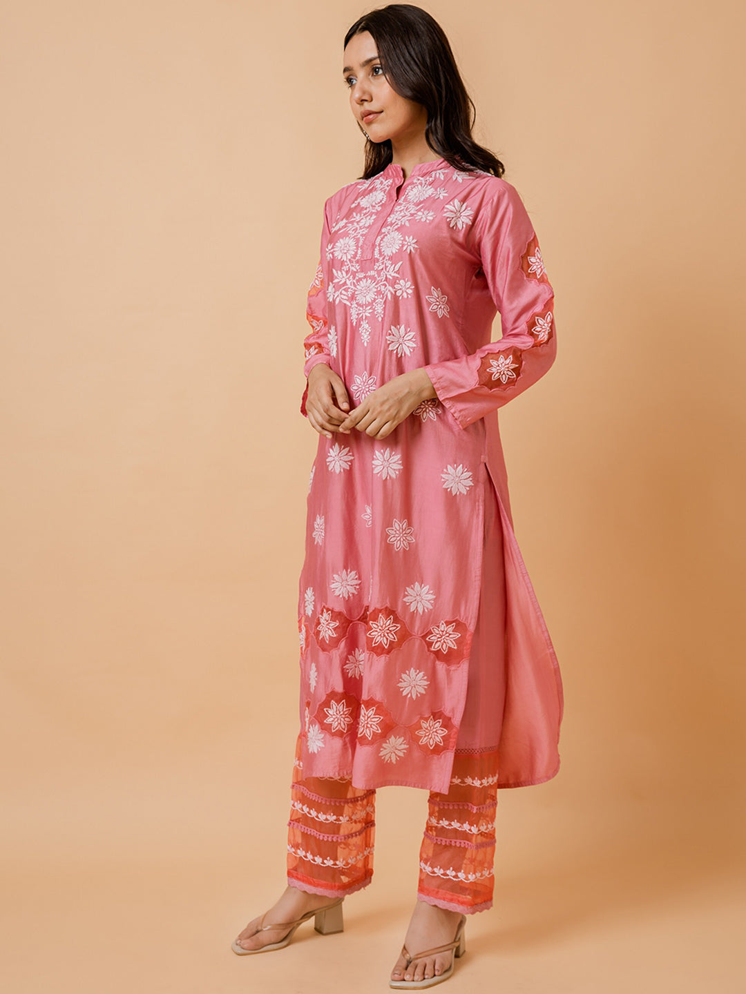 HOUSE OF KARI Ethnic Motifs Embroidered Chikankari Straight Chanderi Silk Kurta 