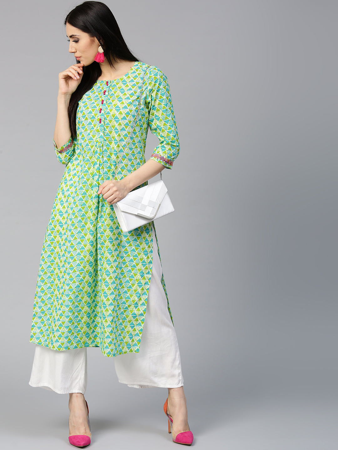Jaipur Kurti Women Blue & Green Printed Straight Kurta | Grab2Buy