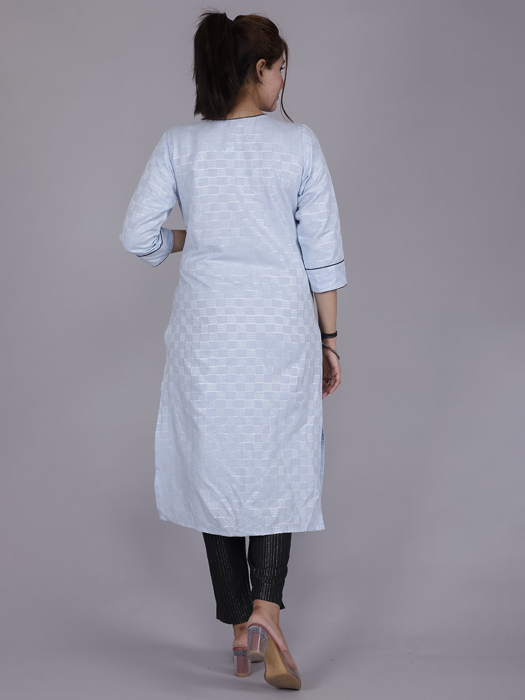 HERE&NOW Women Blue Yoke Design Pure Cotton Thread Work Kurta