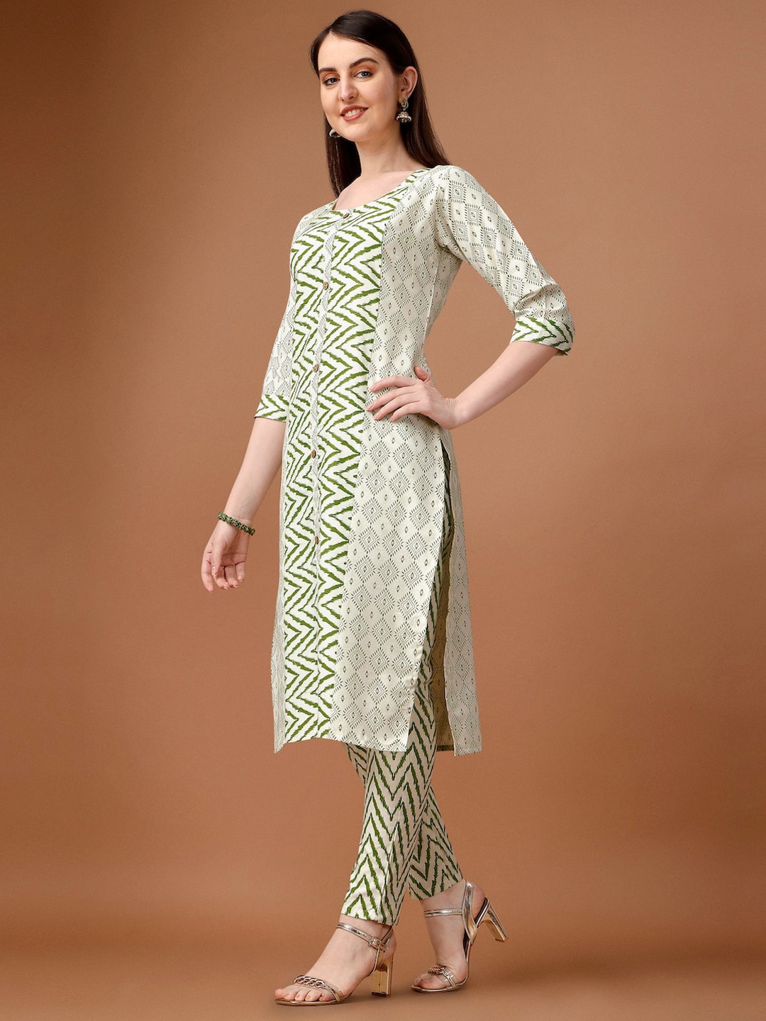 HERE&NOW Geometric Printed Pure Cotton Kurta With Trousers & Dupatta
