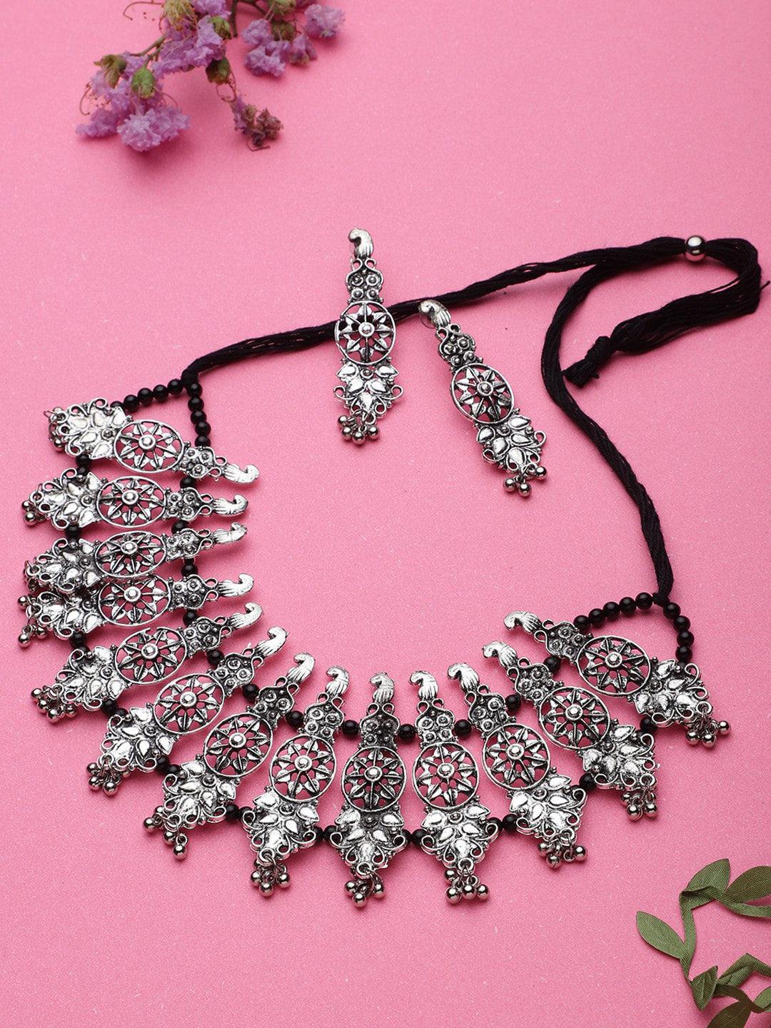 Cardinal Oxidised Silver-Plated Stone-Studded & Beaded Jewellery Set - Grab2buy